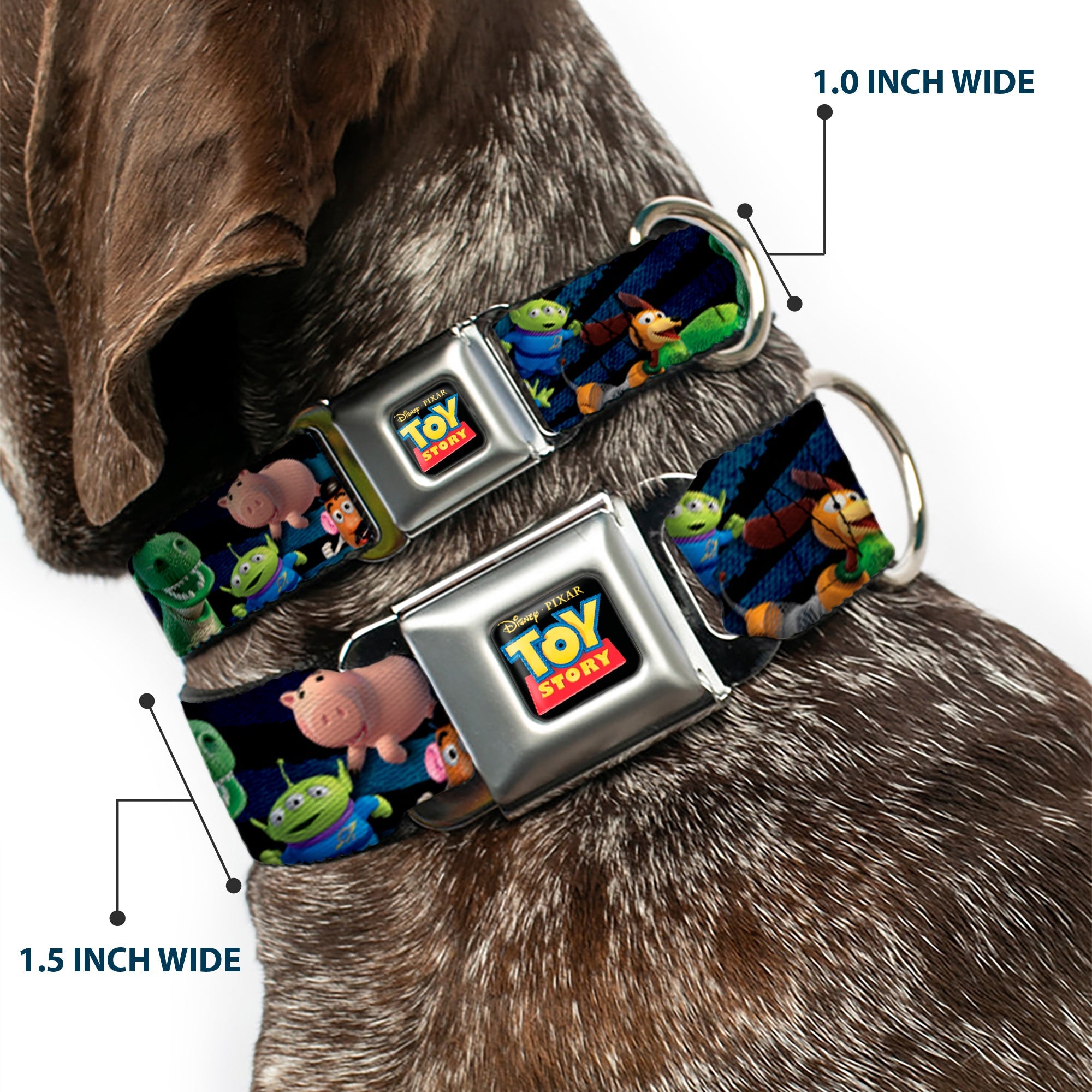 TOY STORY Logo Full Color Black Seatbelt Buckle Collar - Toy Story Characters Running Denim Rays