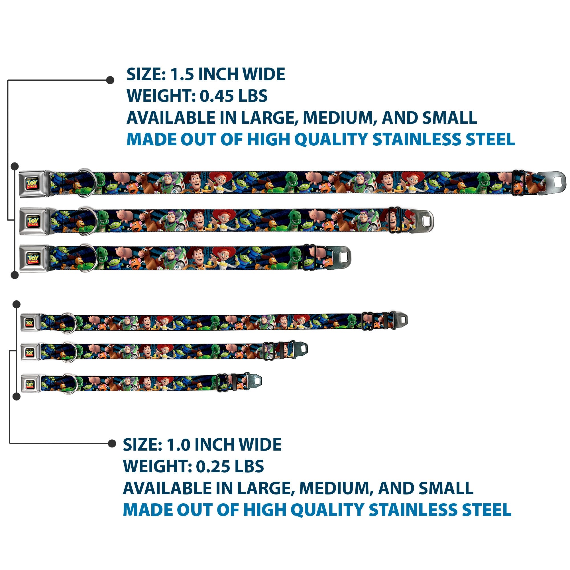 TOY STORY Logo Full Color Black Seatbelt Buckle Collar - Toy Story Characters Running Denim Rays