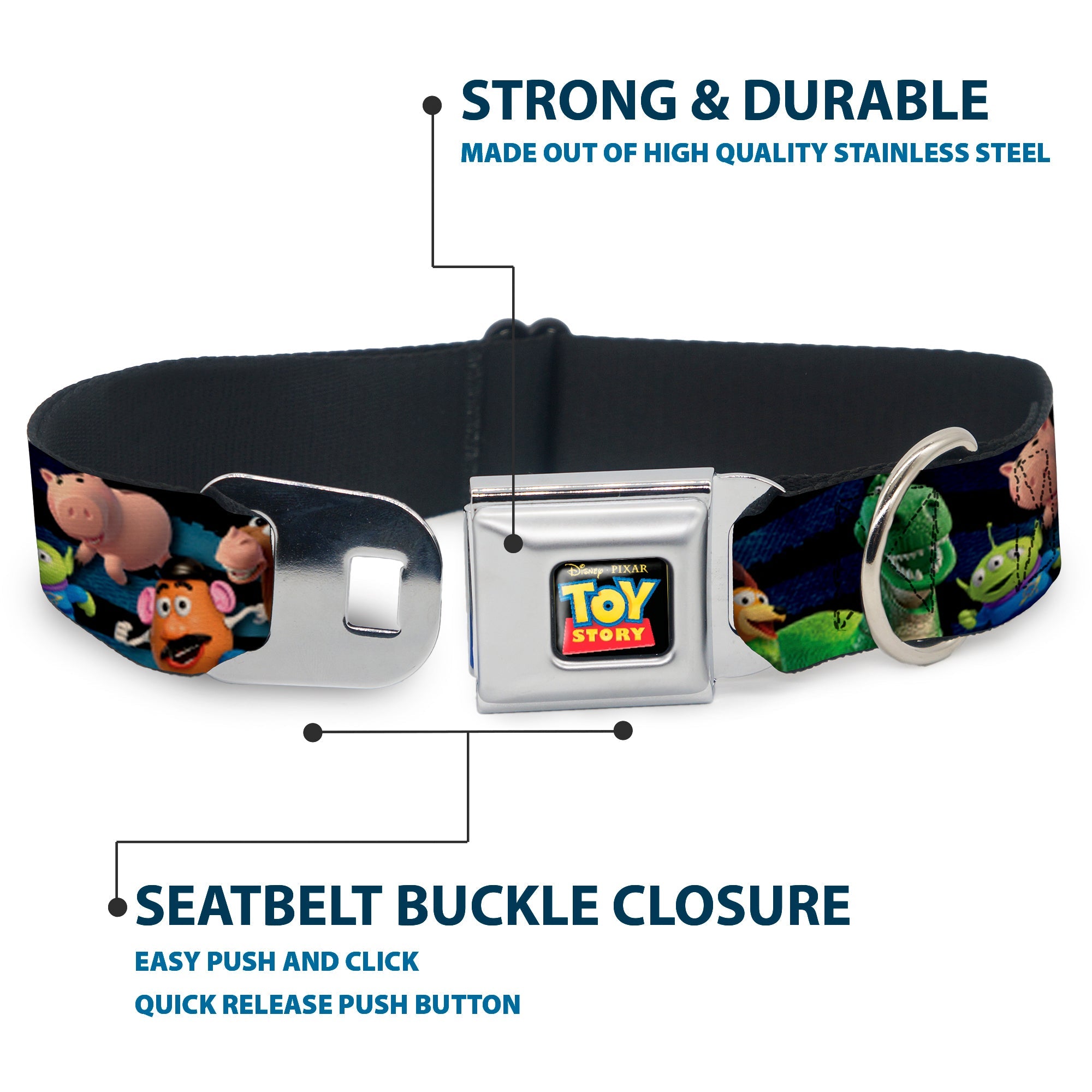TOY STORY Logo Full Color Black Seatbelt Buckle Collar - Toy Story Characters Running Denim Rays