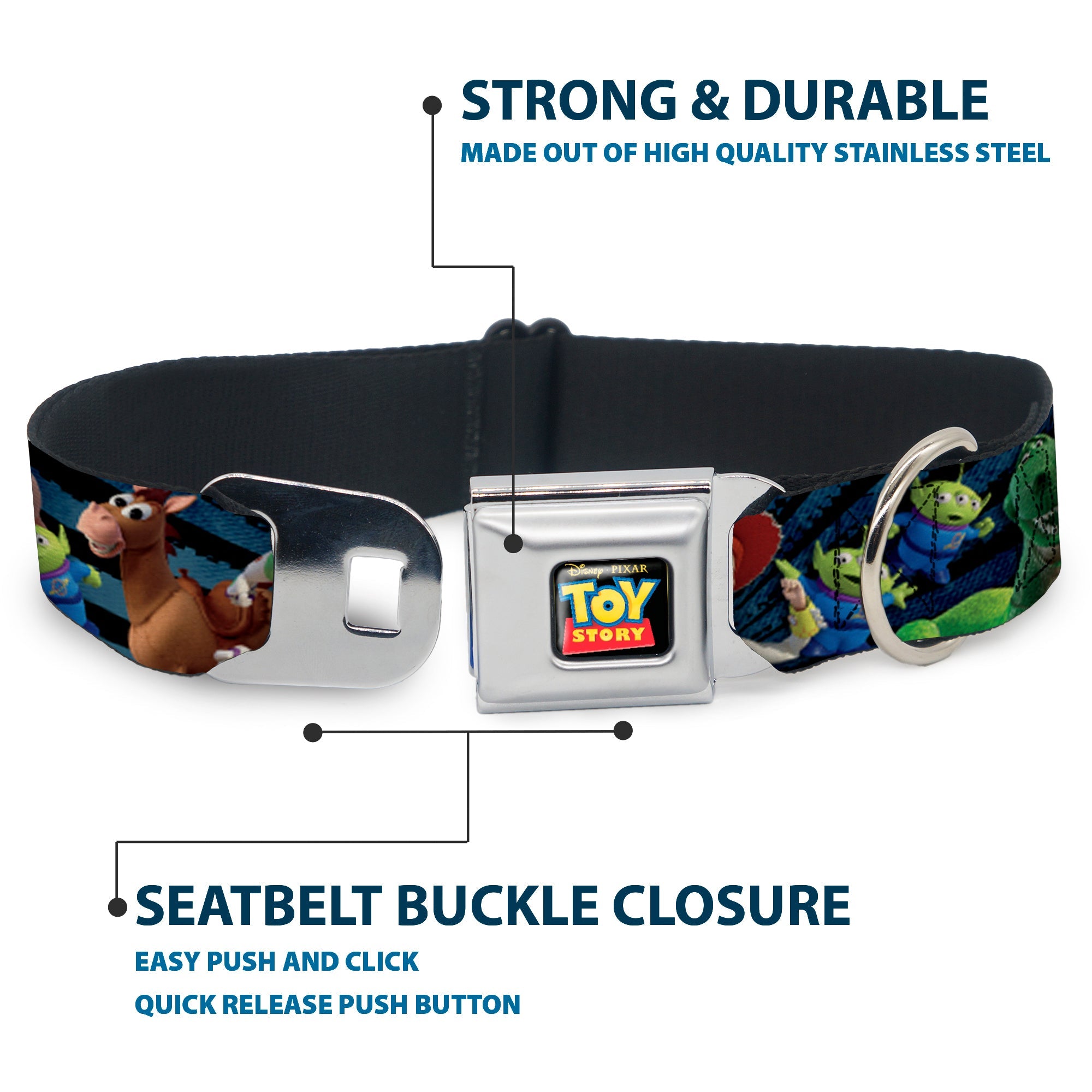 TOY STORY Logo Full Color Black Seatbelt Buckle Collar - Toy Story Characters Running2 Denim Rays