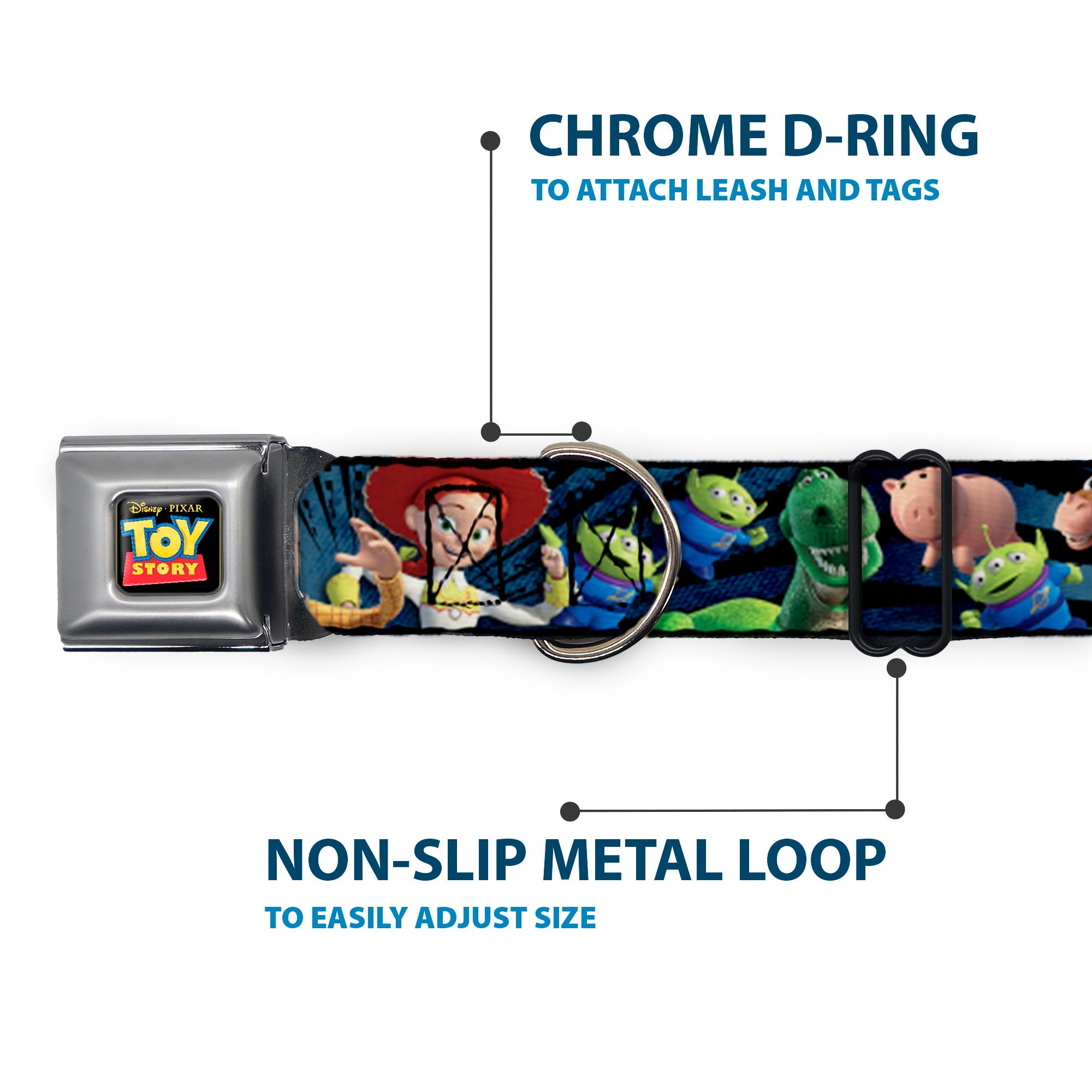 TOY STORY Logo Full Color Black Seatbelt Buckle Collar - Toy Story Characters Running2 Denim Rays