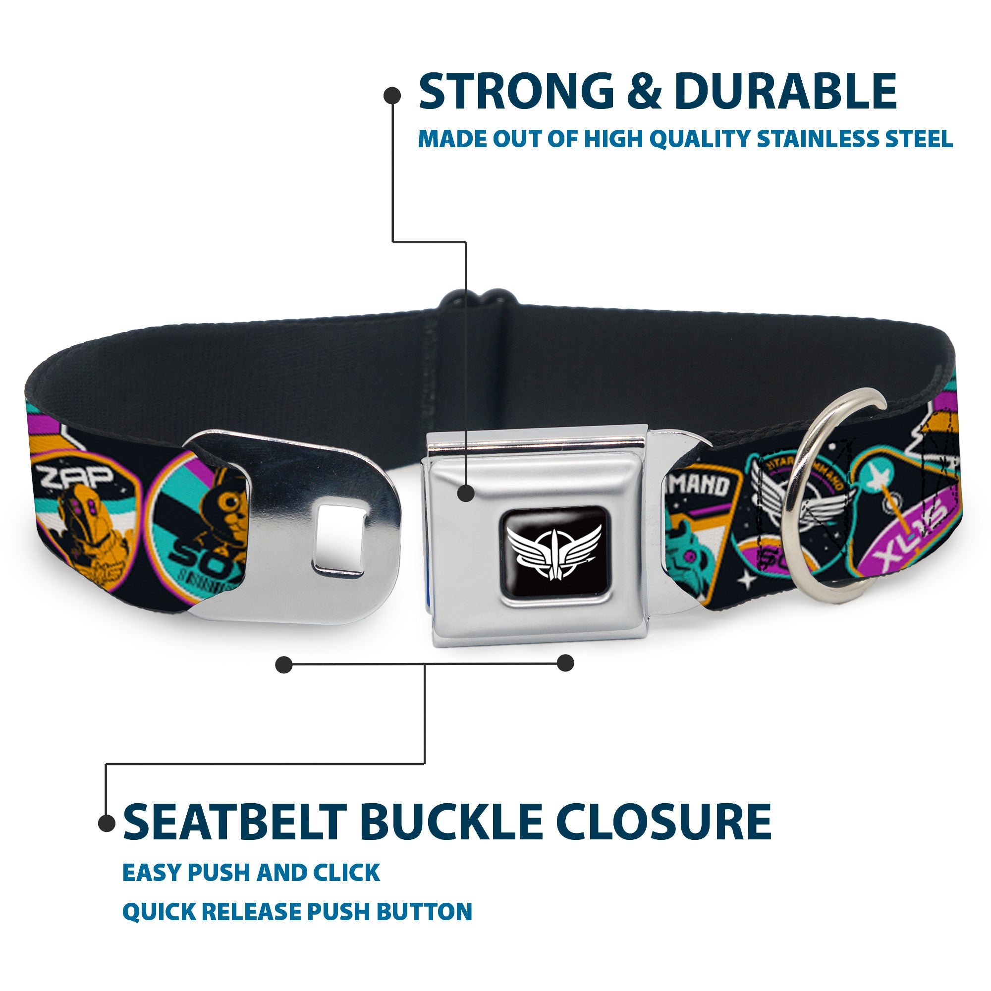 Lightyear Star Command Wings Logo Full Color Black/White Seatbelt Buckle Collar - Lightyear Mission Patches Collage Black/Multi Color