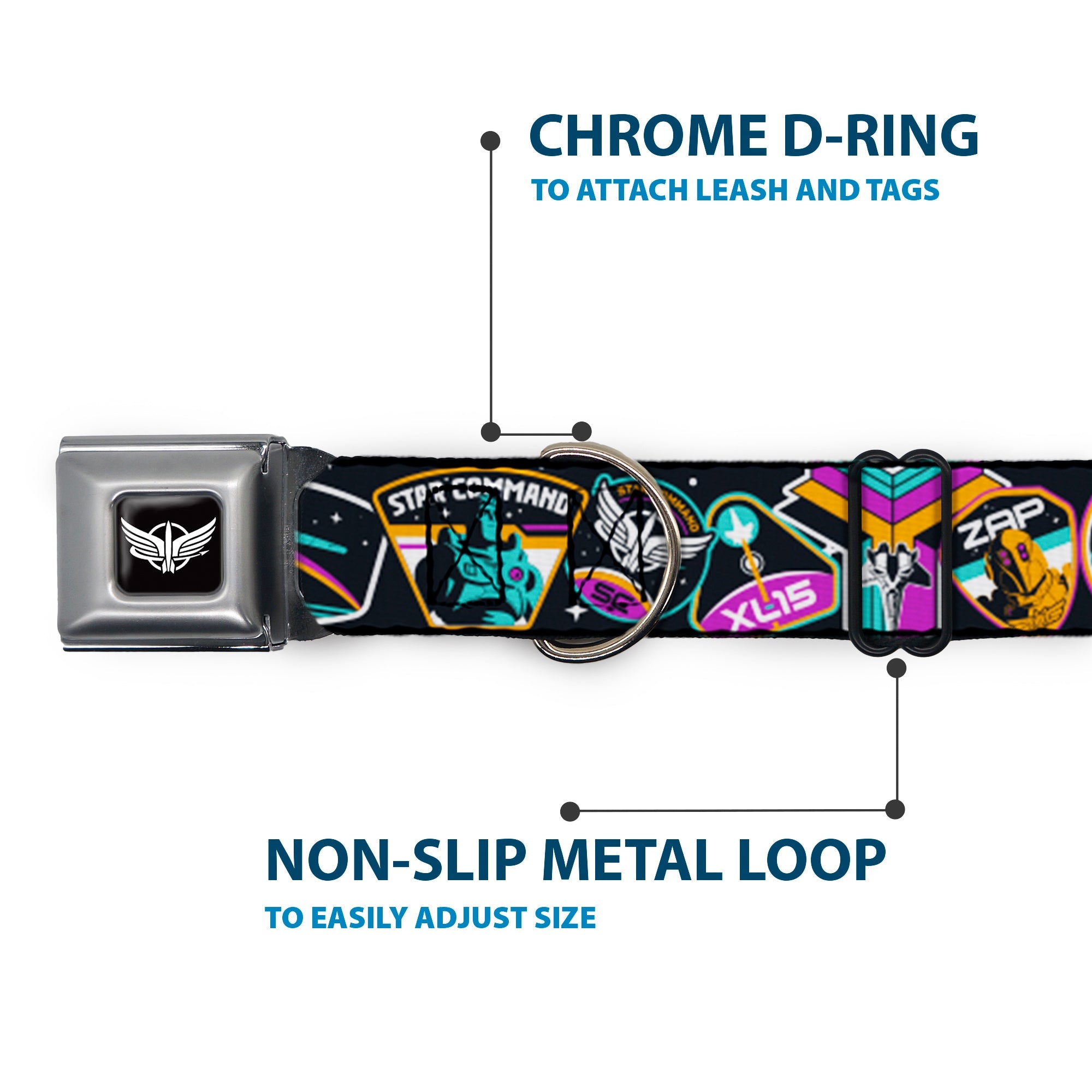 Lightyear Star Command Wings Logo Full Color Black/White Seatbelt Buckle Collar - Lightyear Mission Patches Collage Black/Multi Color