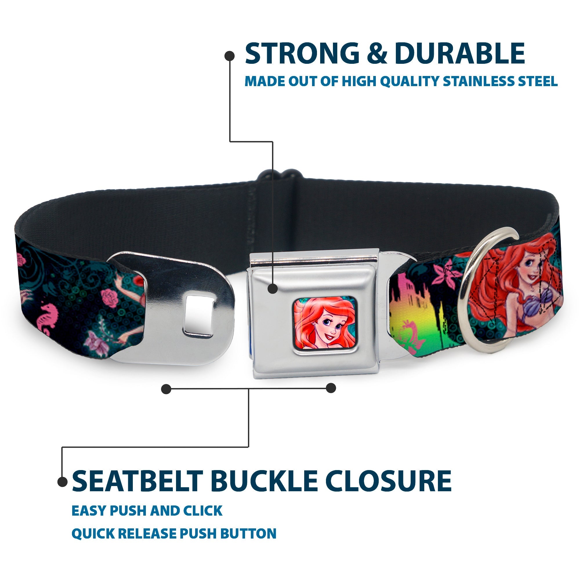Ariel Face Full Color Turquoise Seatbelt Buckle Collar - Ariel Underwater Poses/Palace Silhouette