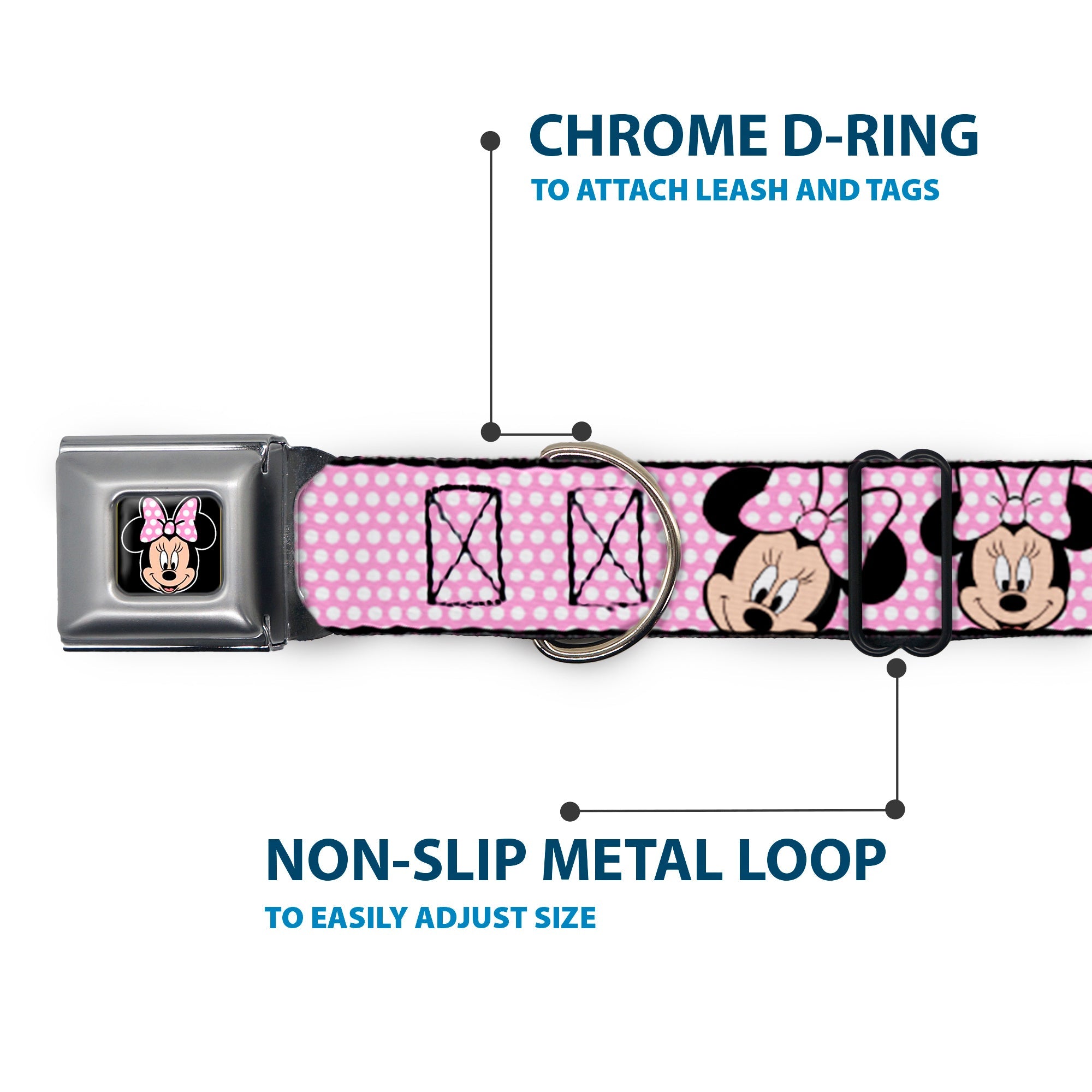 Minnie Mouse Full Color Face Pink Polka Dot Black Seatbelt Buckle Collar - Minnie Mouse Expressions Polka Dot Pink/White