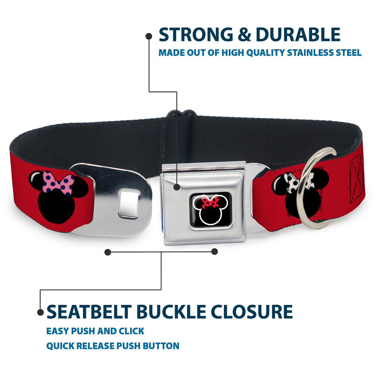 Minnie Mouse Outline Full Color Black White Red Polka Dot Seatbelt Buckle Collar - Minnie Mouse Silhouette Red/Black/Polka Dot