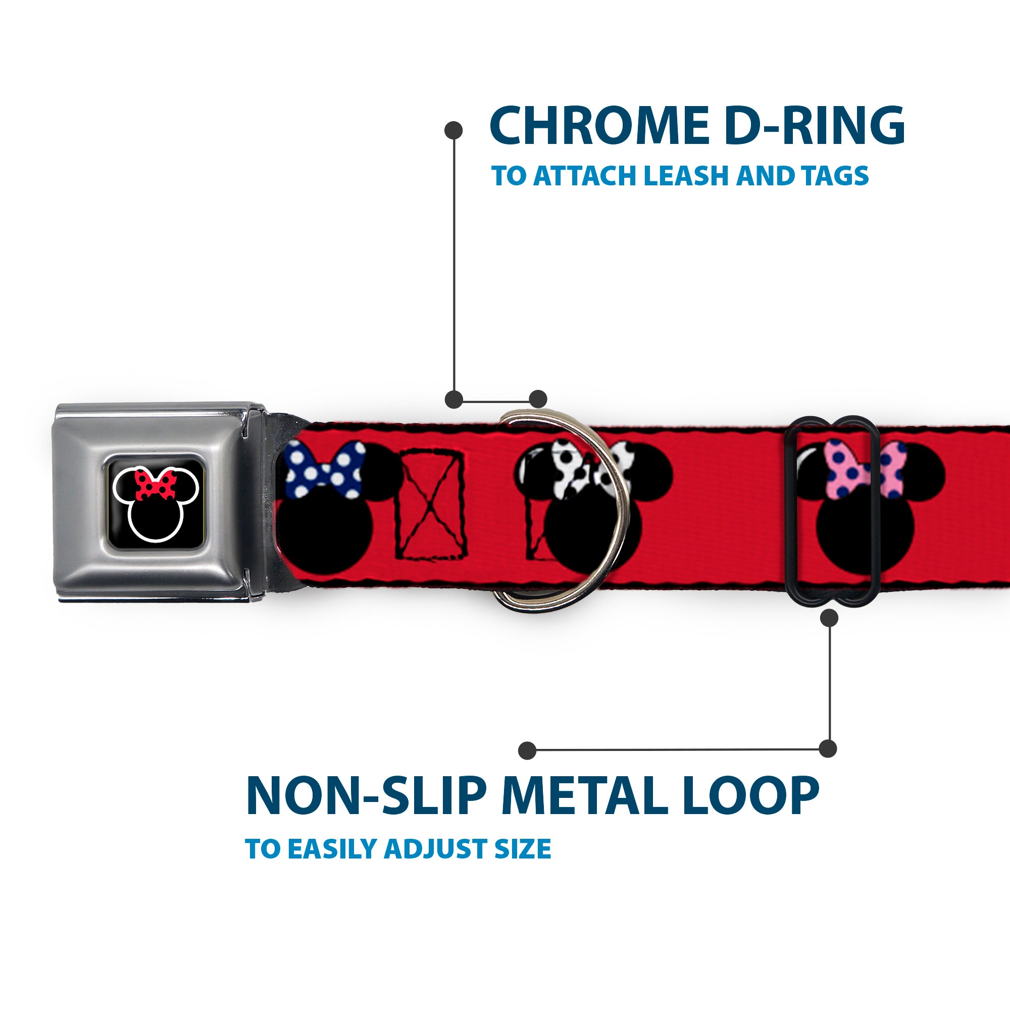 Minnie Mouse Outline Full Color Black White Red Polka Dot Seatbelt Buckle Collar - Minnie Mouse Silhouette Red/Black/Polka Dot