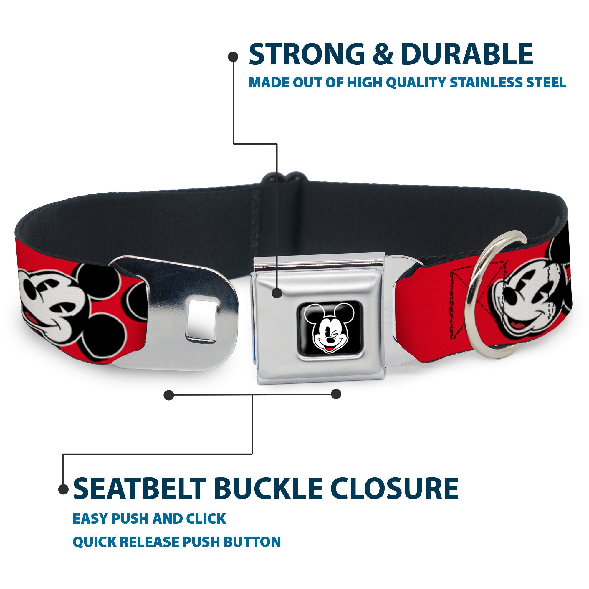 Mickey Mouse Winking Full Color Black Seatbelt Buckle Collar - Mickey Mouse Expressions Red/Black/White