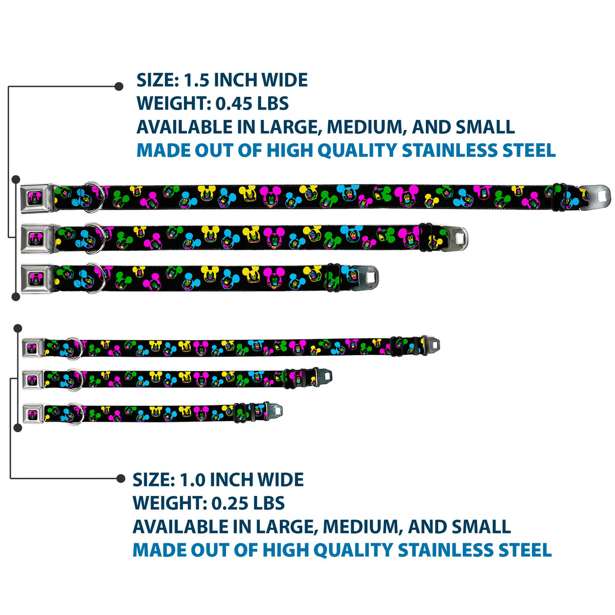 Mickey Mouse Face Full Color Black Multi Neon Seatbelt Buckle Collar - Mickey Mouse Expressions Scattered Black/Multi Neon