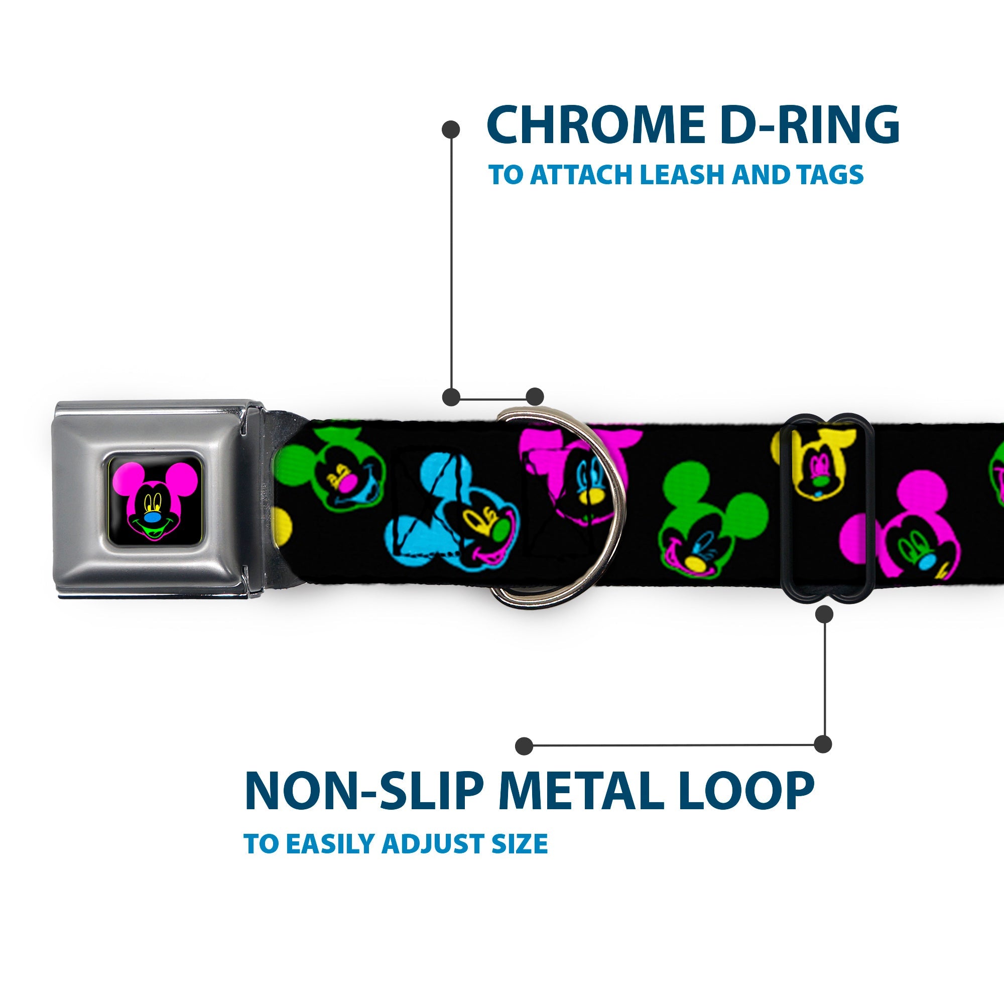 Mickey Mouse Face Full Color Black Multi Neon Seatbelt Buckle Collar - Mickey Mouse Expressions Scattered Black/Multi Neon