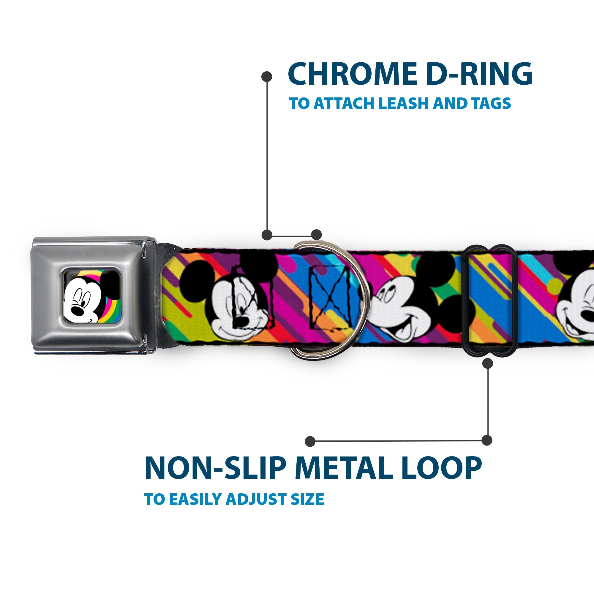 Mickey Mouse Winking CLOSE-UP Full Color Multi Color Black White Seatbelt Buckle Collar - Mickey Mouse Expressions Multi Color White/Black