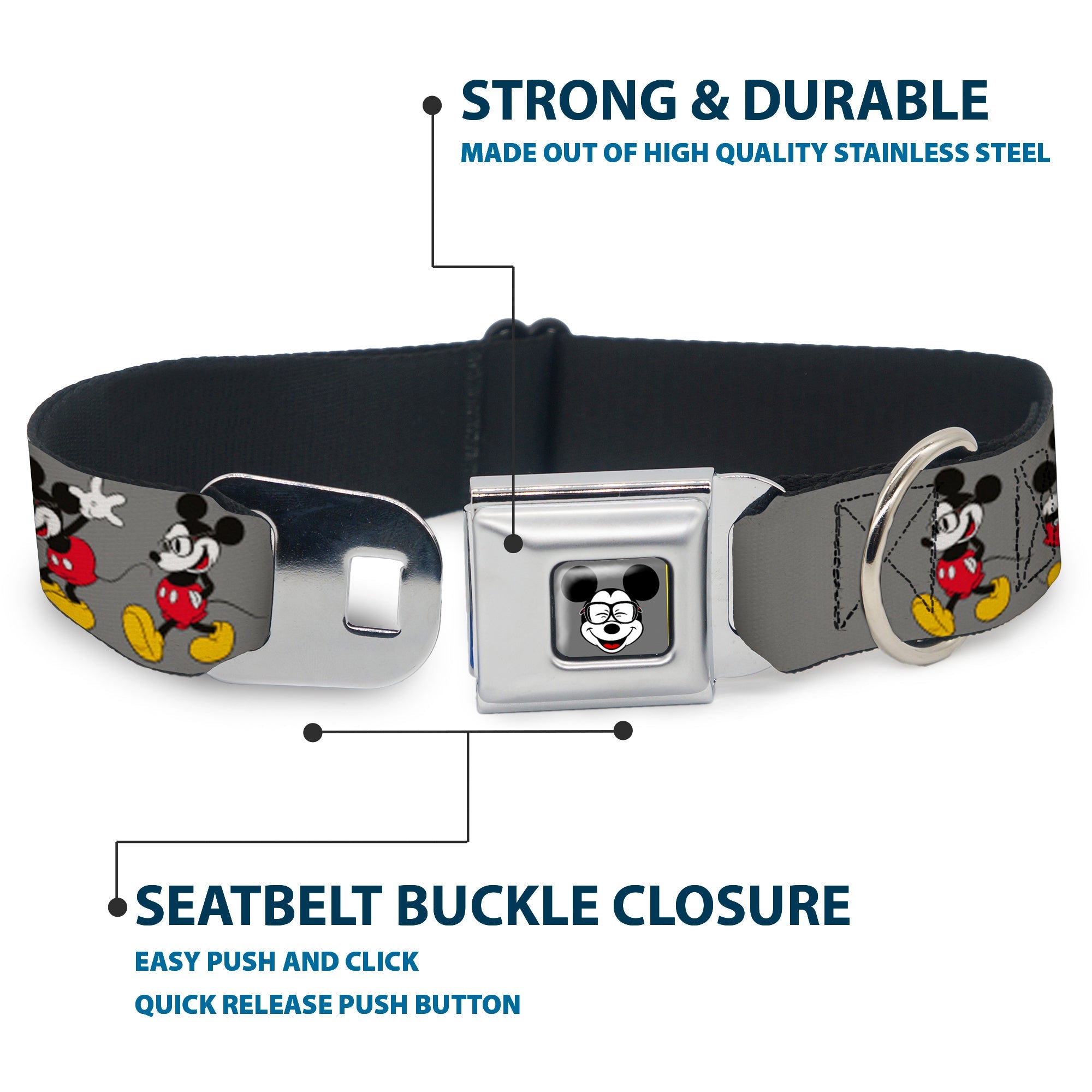 Mickey Mouse w Glasses Full Color Gray Seatbelt Buckle Collar - Mickey Mouse w/Glasses Poses Gray