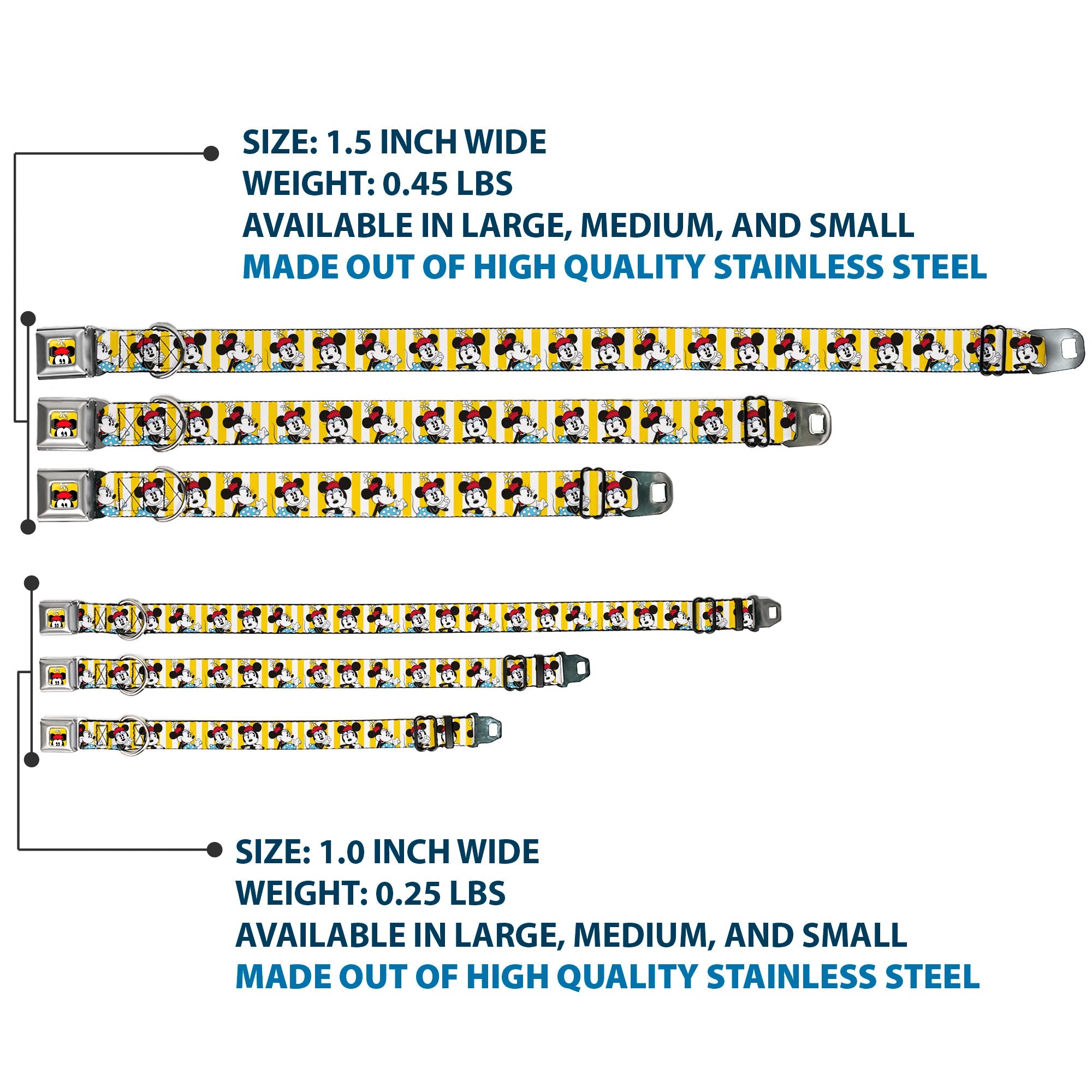 Minnie Mouse w Hat CLOSE-UP Full Color Yellow Seatbelt Buckle Collar - Minnie Mouse w/Hat Poses Stripe Yellow/White