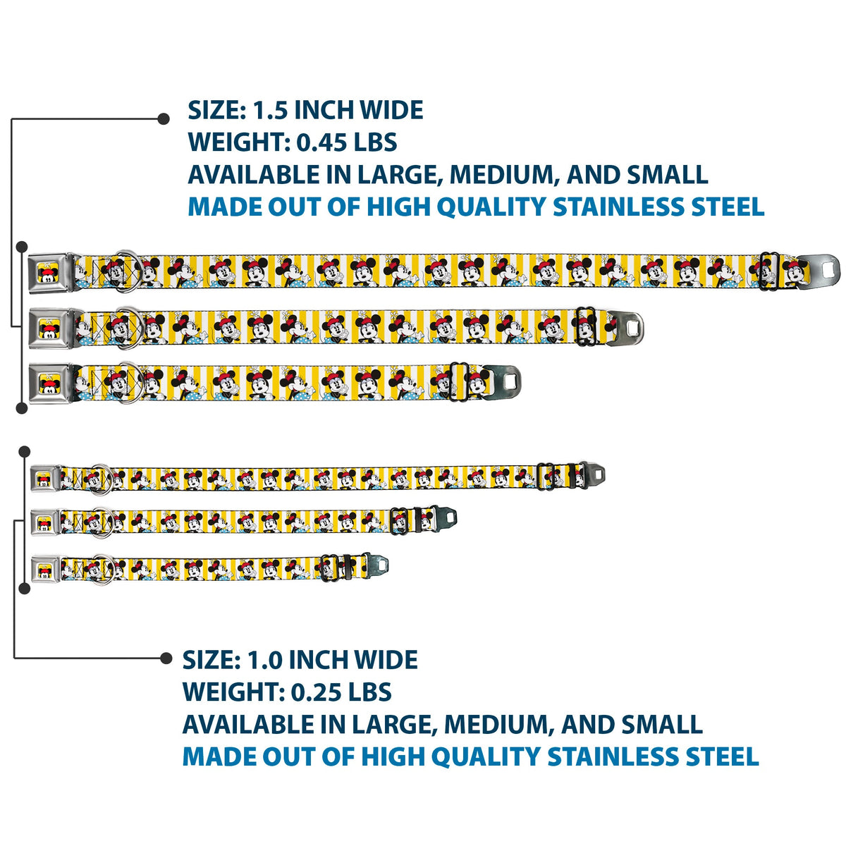 Minnie Mouse w Hat CLOSE-UP Full Color Yellow Seatbelt Buckle Collar - Minnie Mouse w/Hat Poses Stripe Yellow/White