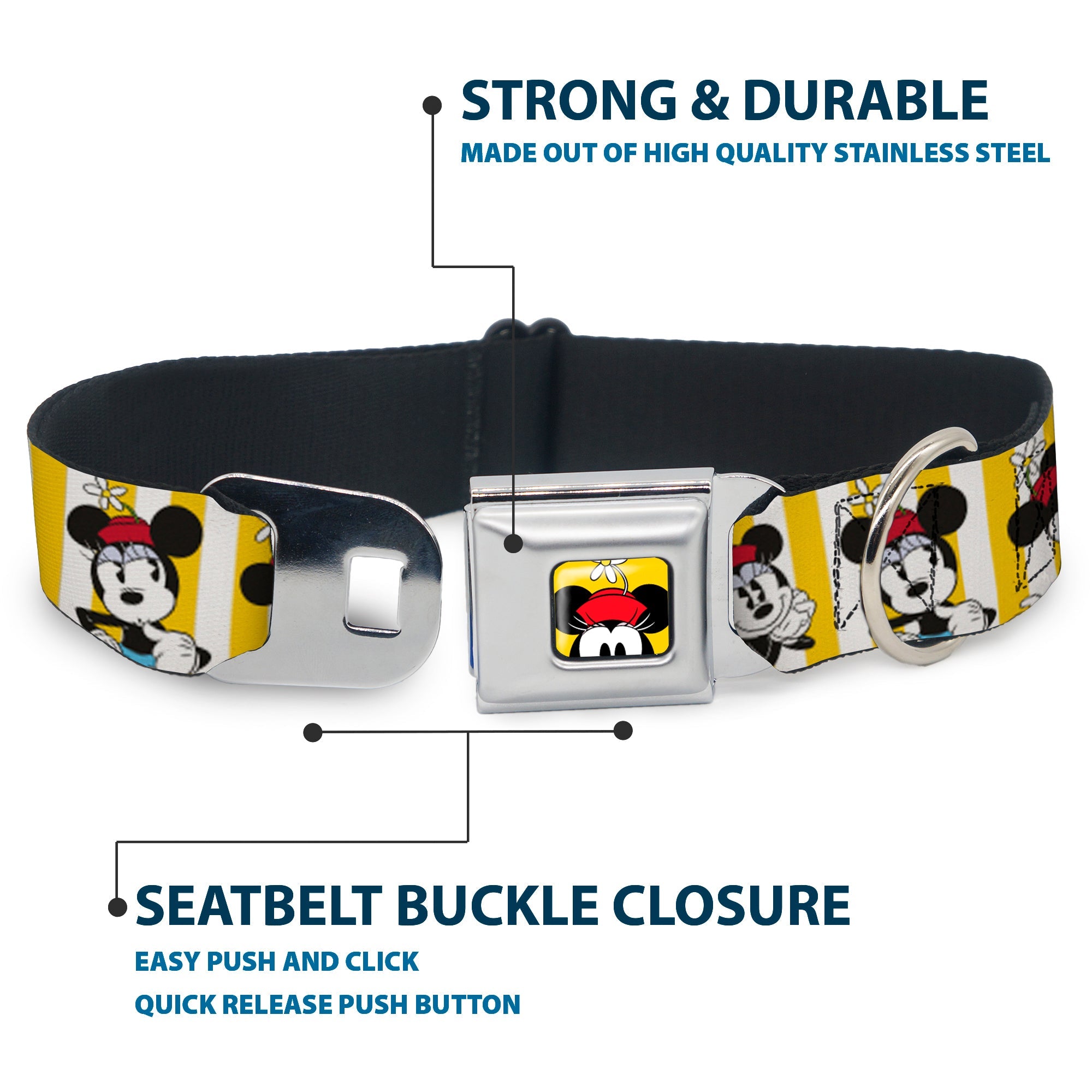 Minnie Mouse w Hat CLOSE-UP Full Color Yellow Seatbelt Buckle Collar - Minnie Mouse w/Hat Poses Stripe Yellow/White