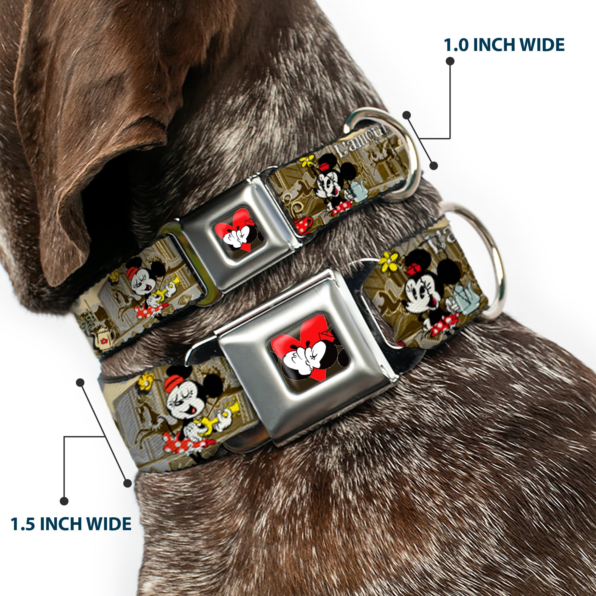 Mickey & Minnie Kiss Heart Full Color Gray Seatbelt Buckle Collar - Mickey & Minnie Croissant de Triomphe Scenes