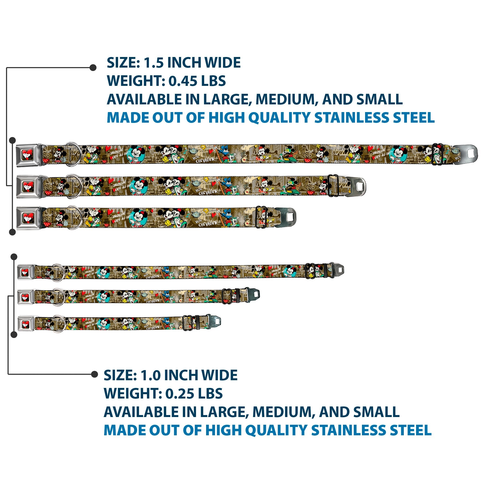 Mickey & Minnie Kiss Heart Full Color Gray Seatbelt Buckle Collar - Mickey & Minnie Croissant de Triomphe Scenes