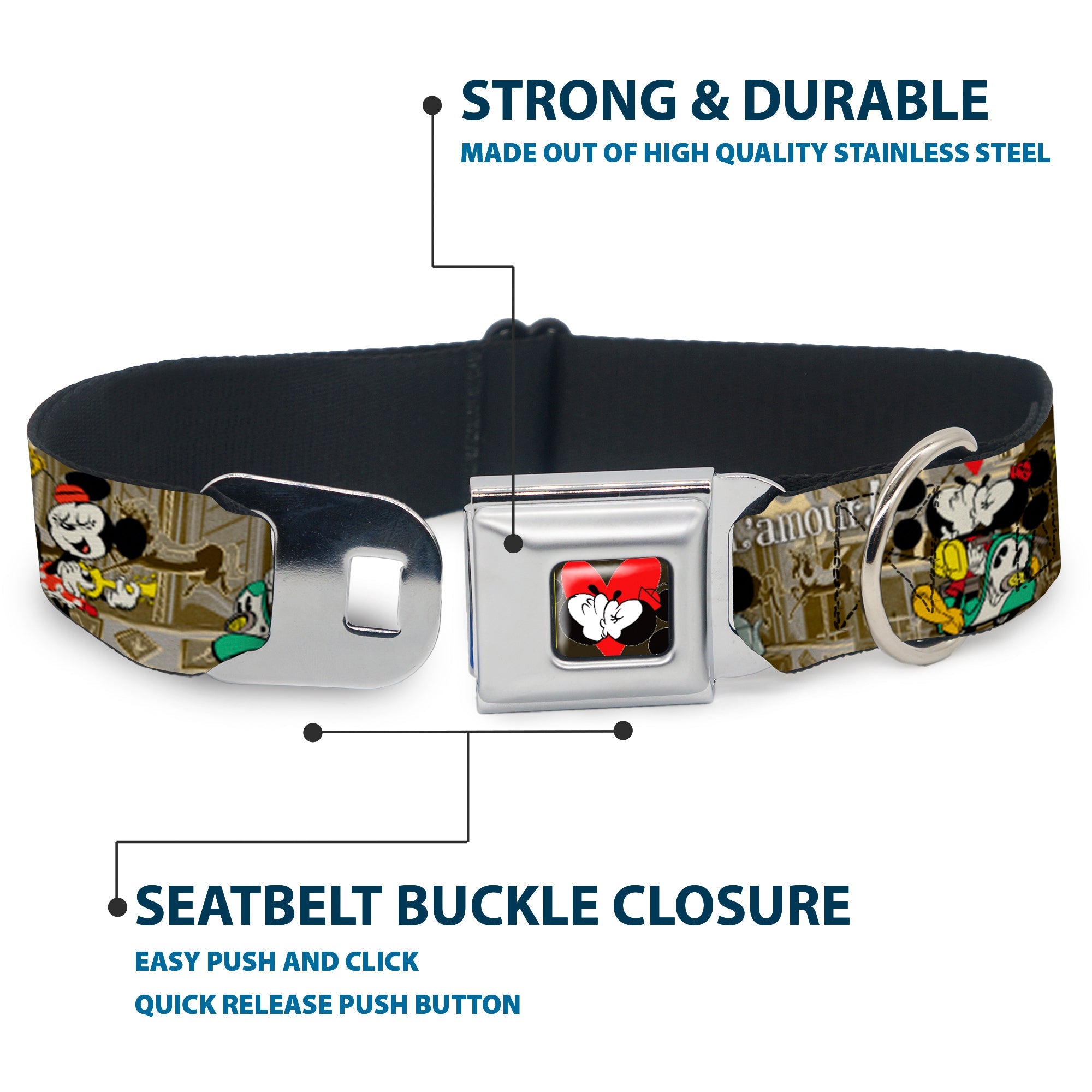 Mickey & Minnie Kiss Heart Full Color Gray Seatbelt Buckle Collar - Mickey & Minnie Croissant de Triomphe Scenes