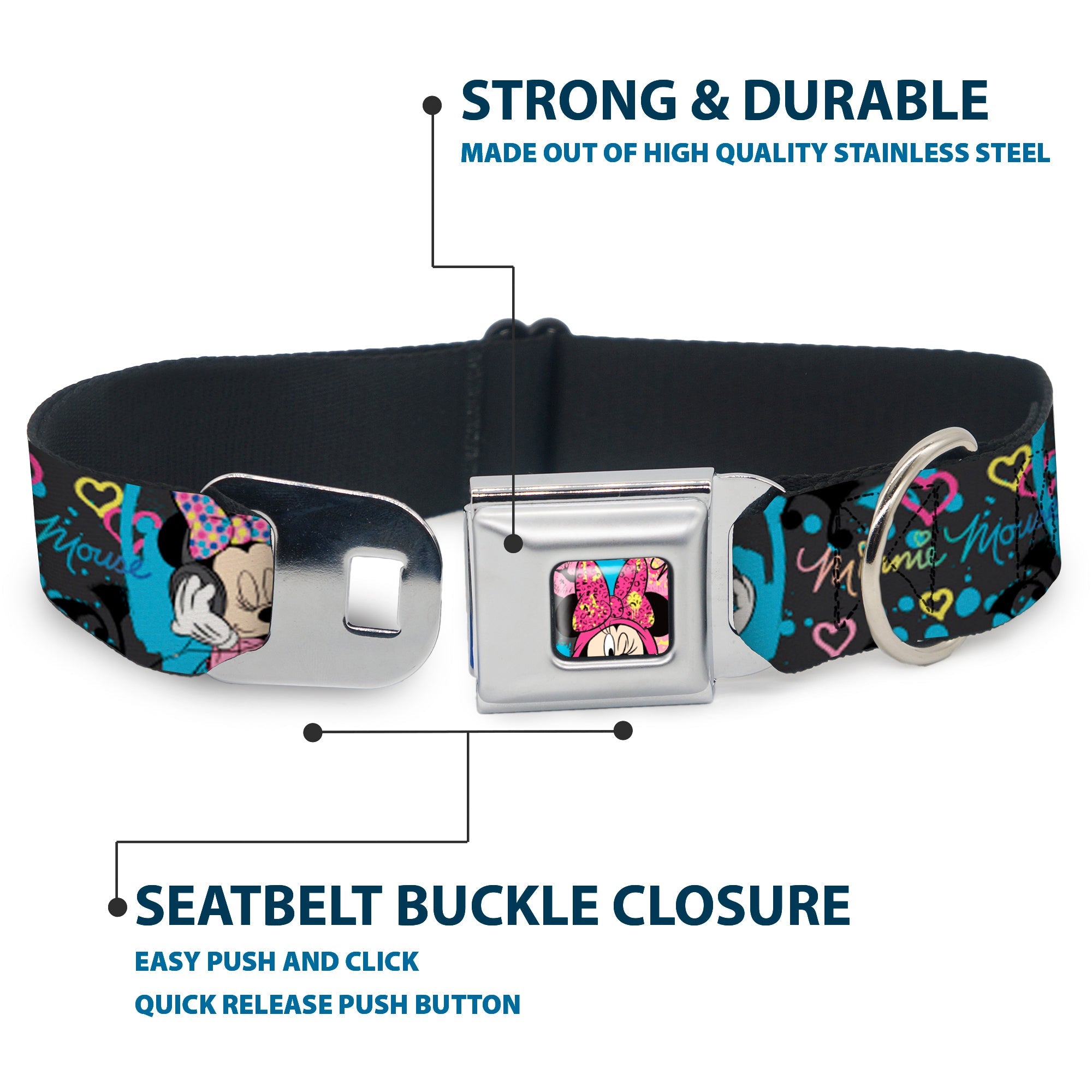 Minnie Mouse Winking CLOSE-UP Full Color Multi Color Seatbelt Buckle Collar - Minnie Mouse Hoody & Headphone Poses Gray/Multi Color