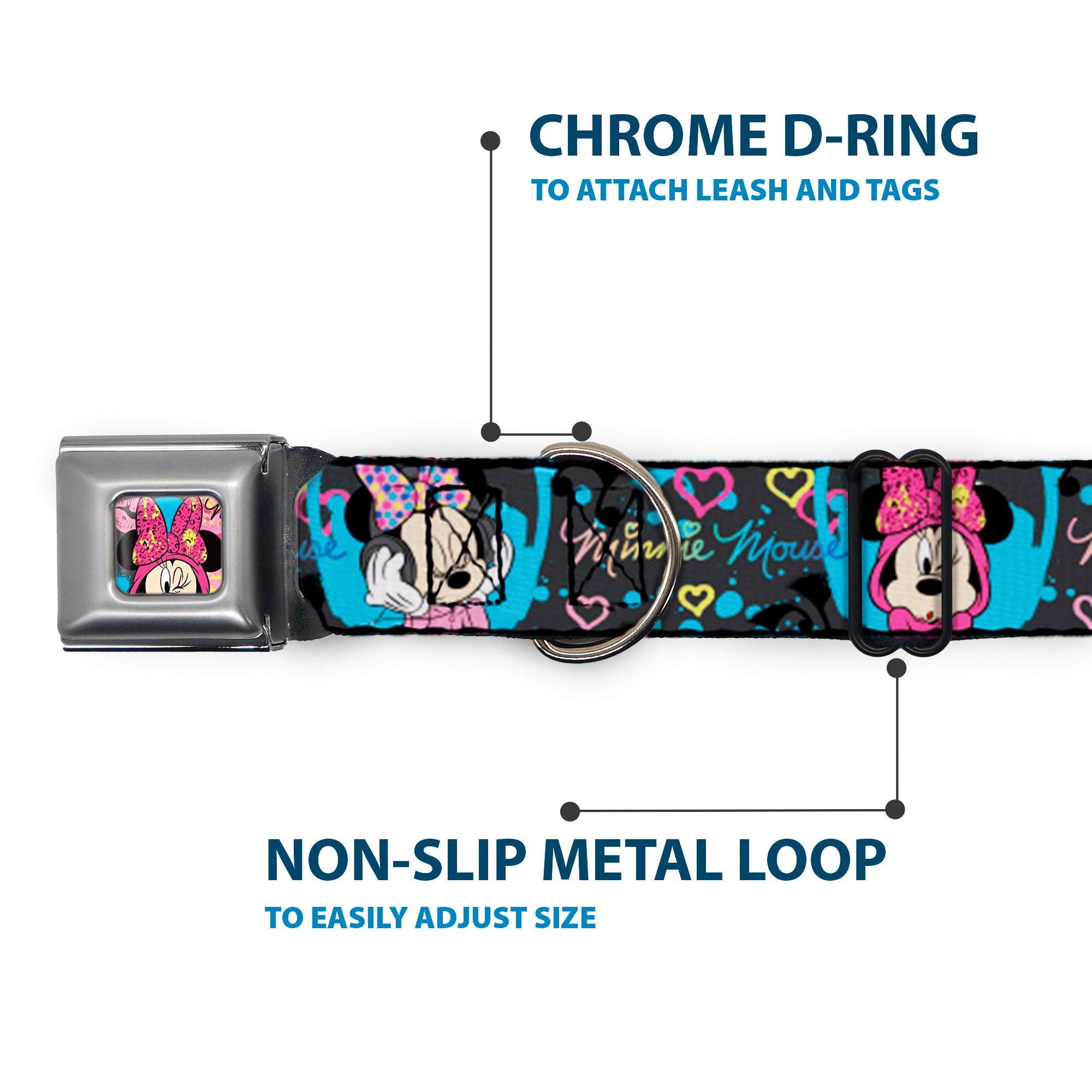 Minnie Mouse Winking CLOSE-UP Full Color Multi Color Seatbelt Buckle Collar - Minnie Mouse Hoody & Headphone Poses Gray/Multi Color