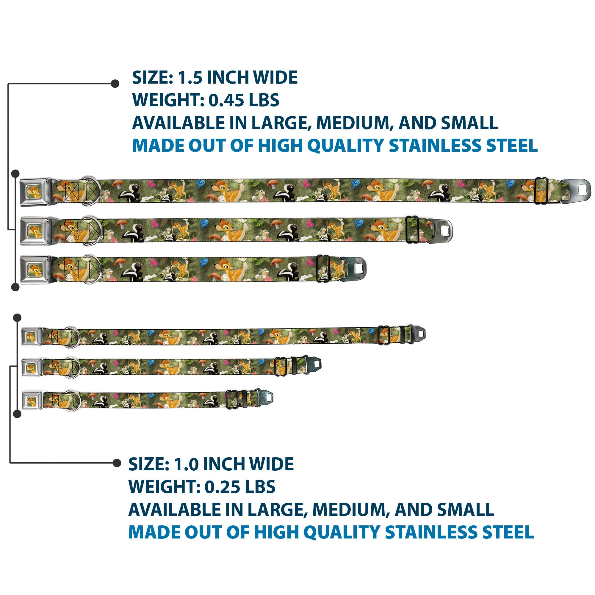 Bambi Face CLOSE-UP Full Color Gray Seatbelt Buckle Collar - Bambi & Friends Scene