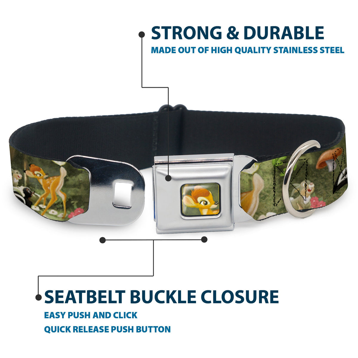 Bambi Face CLOSE-UP Full Color Gray Seatbelt Buckle Collar - Bambi & Friends Scene