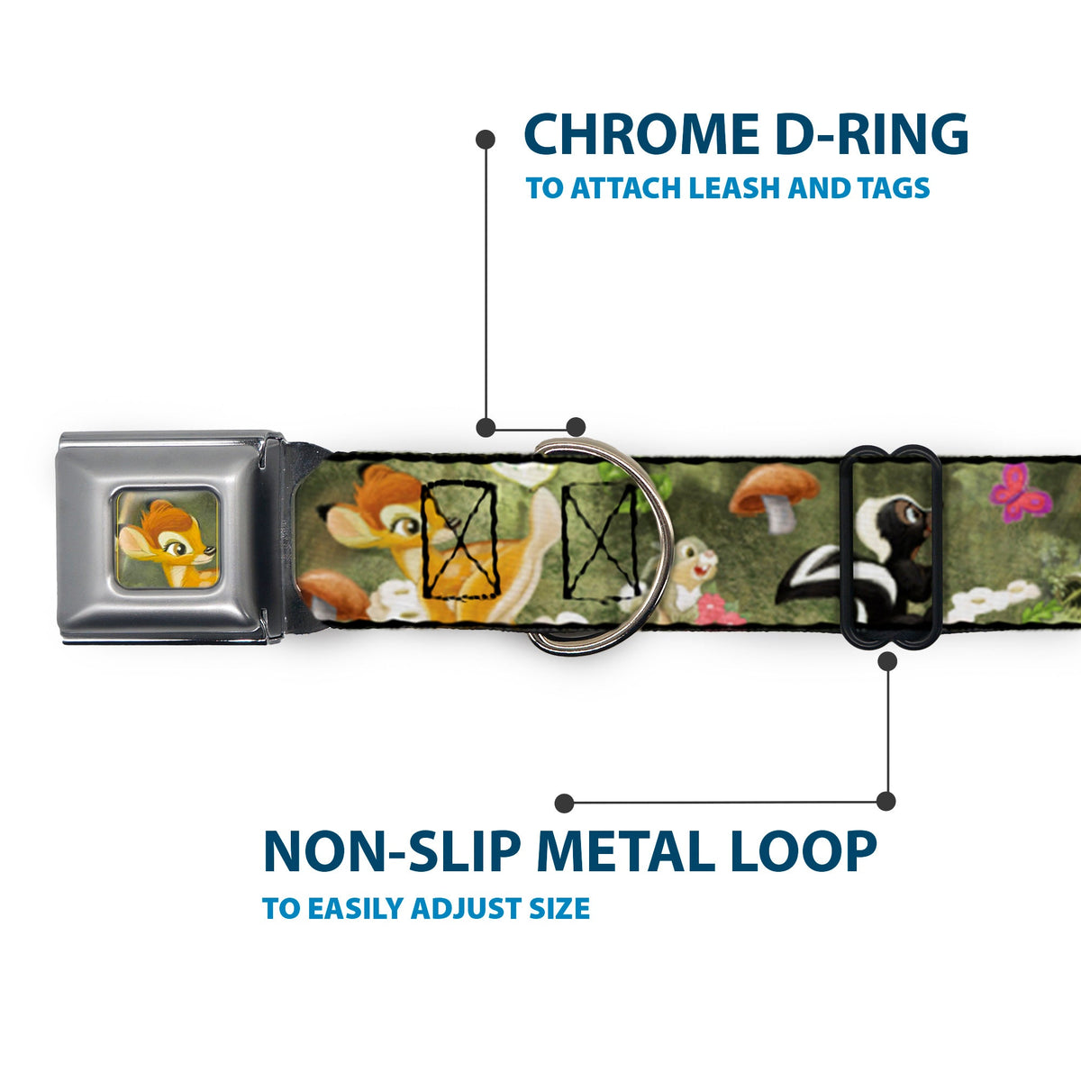 Bambi Face CLOSE-UP Full Color Gray Seatbelt Buckle Collar - Bambi & Friends Scene
