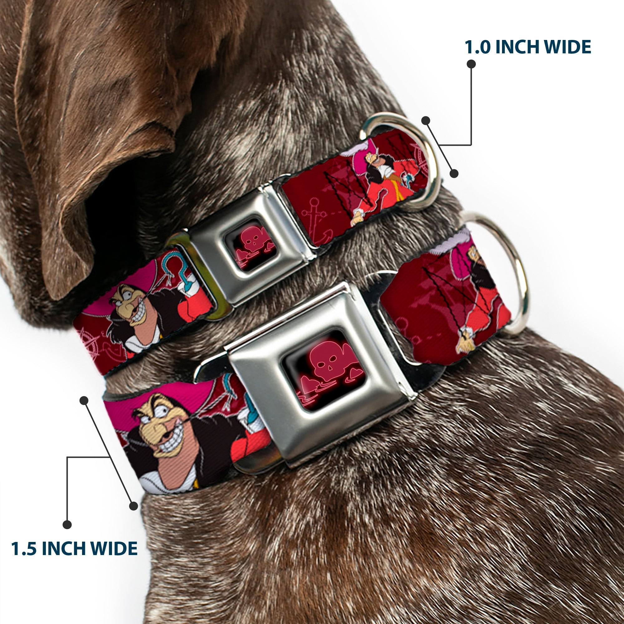 Peter Pan Skull Rock Full Color Black/Burgundy Seatbelt Buckle Collar - Captain Hook Poses/Nautical Elements Burgundy