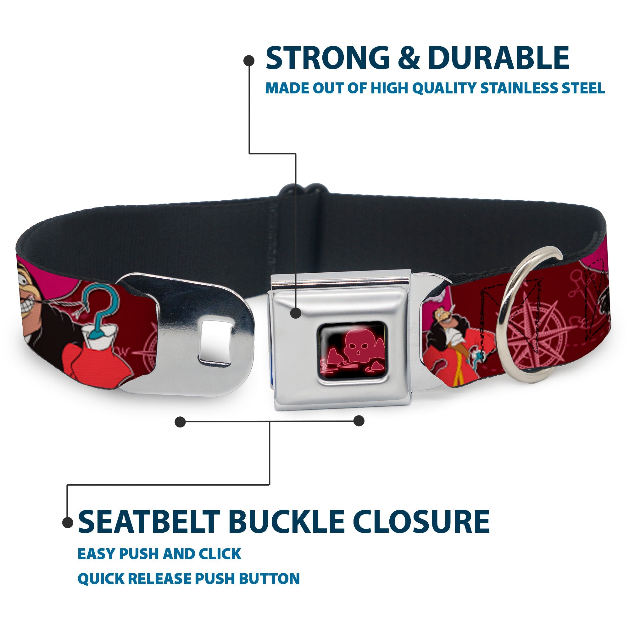 Peter Pan Skull Rock Full Color Black/Burgundy Seatbelt Buckle Collar - Captain Hook Poses/Nautical Elements Burgundy