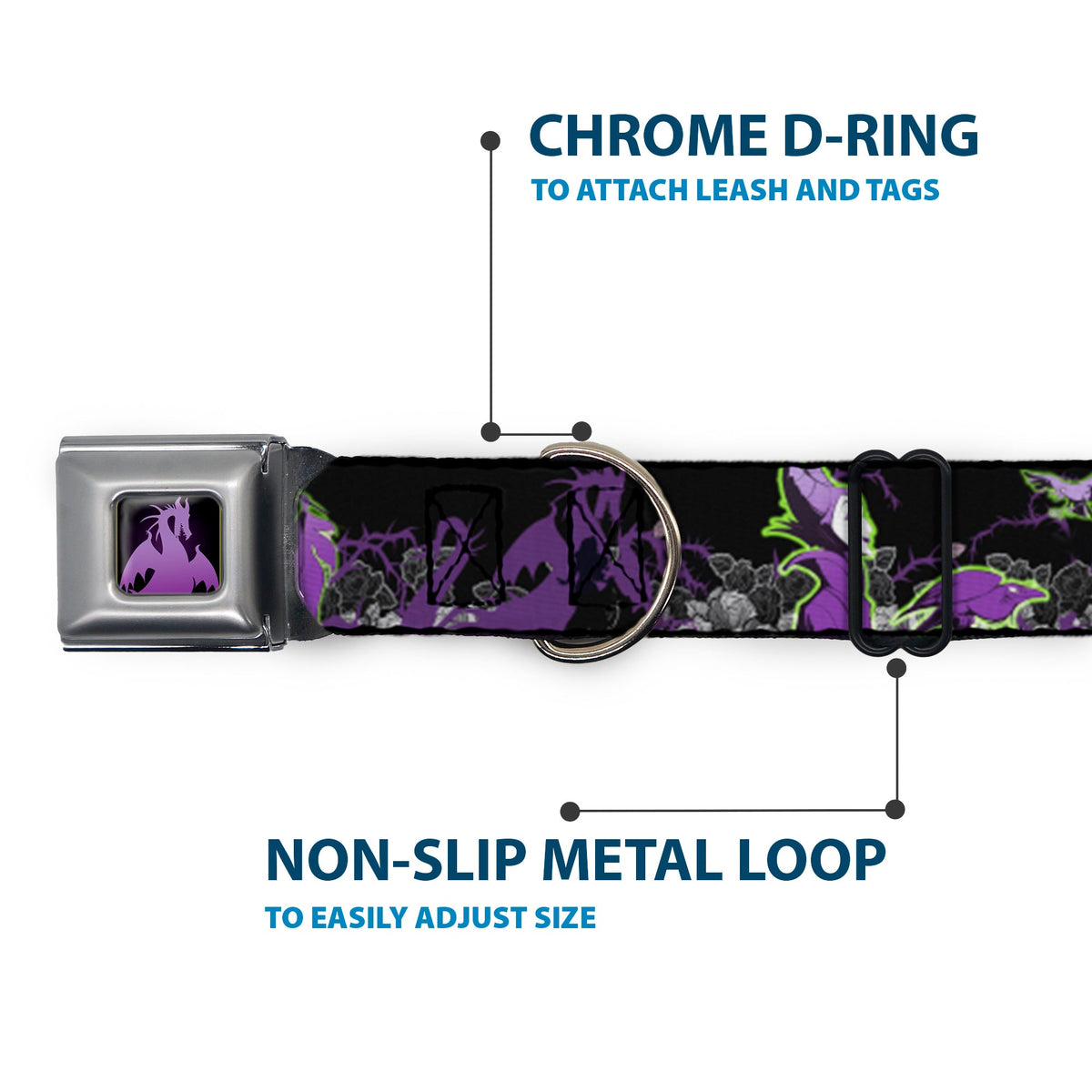 Dragon Maleficent Full Color Black Purple Seatbelt Buckle Collar - Maleficent & Diablo Black Roses/Purples