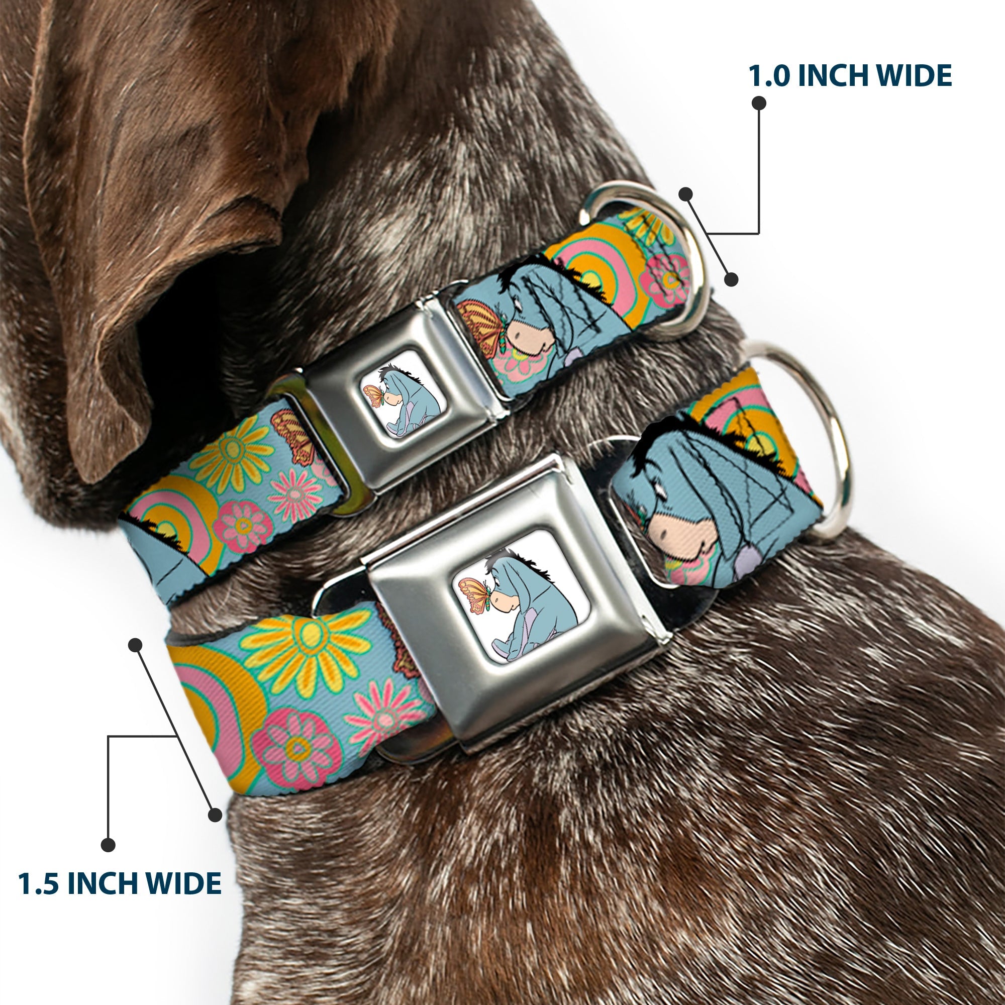 Winnie the Pooh Eeyore Butterfly Pose Full Color White Seatbelt Buckle Collar - Winnie the Pooh Eeyore Butterfly Pose Floral Collage Blue/Pinks/Yellows