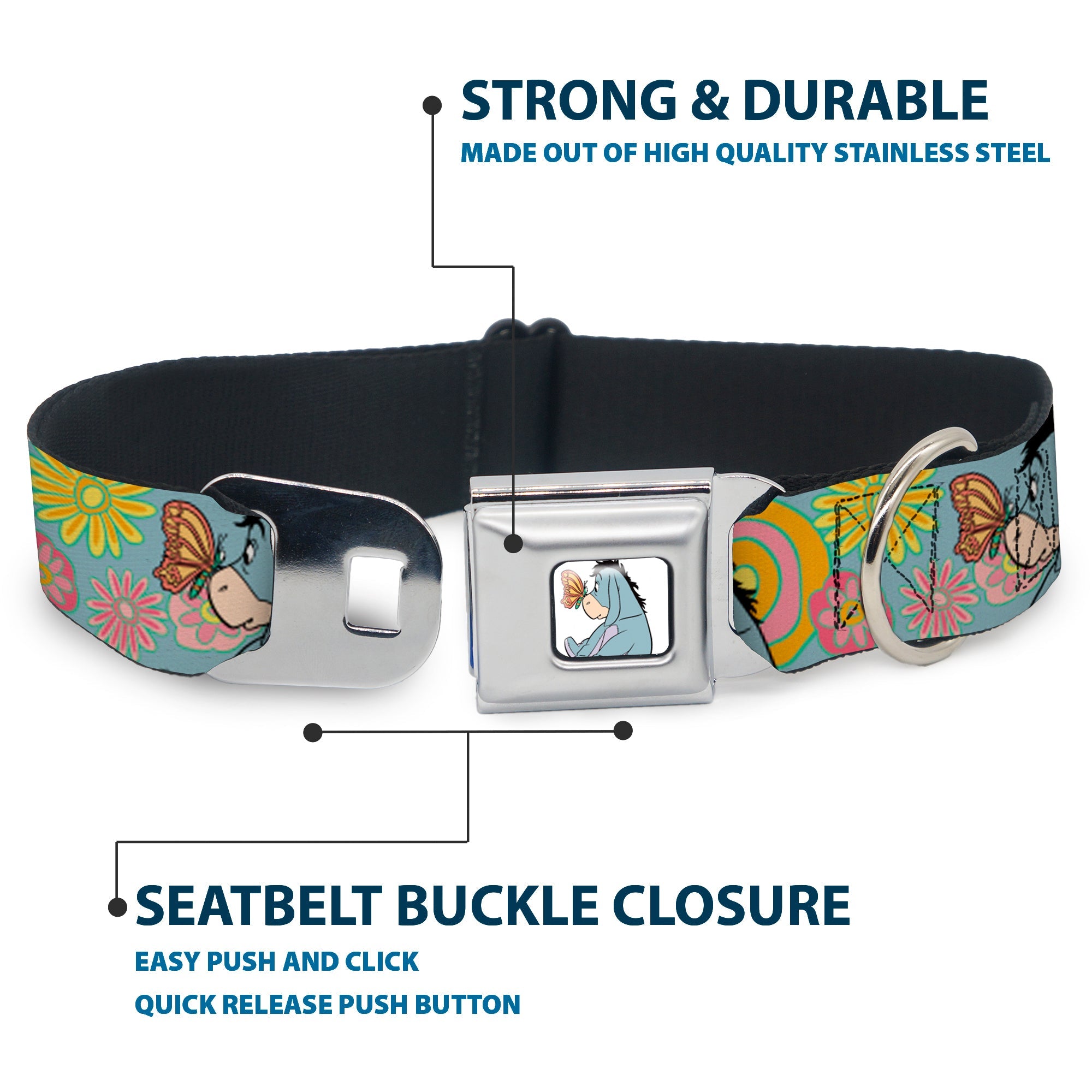 Winnie the Pooh Eeyore Butterfly Pose Full Color White Seatbelt Buckle Collar - Winnie the Pooh Eeyore Butterfly Pose Floral Collage Blue/Pinks/Yellows