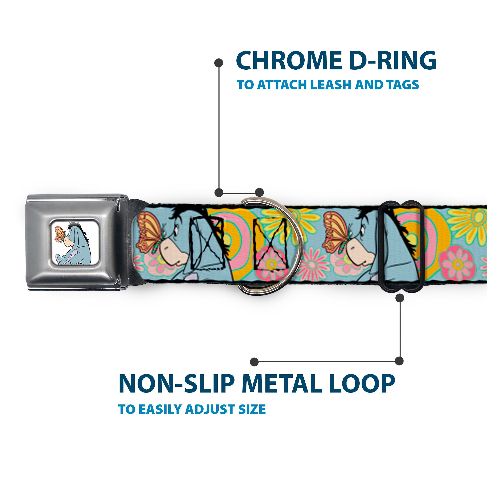 Winnie the Pooh Eeyore Butterfly Pose Full Color White Seatbelt Buckle Collar - Winnie the Pooh Eeyore Butterfly Pose Floral Collage Blue/Pinks/Yellows