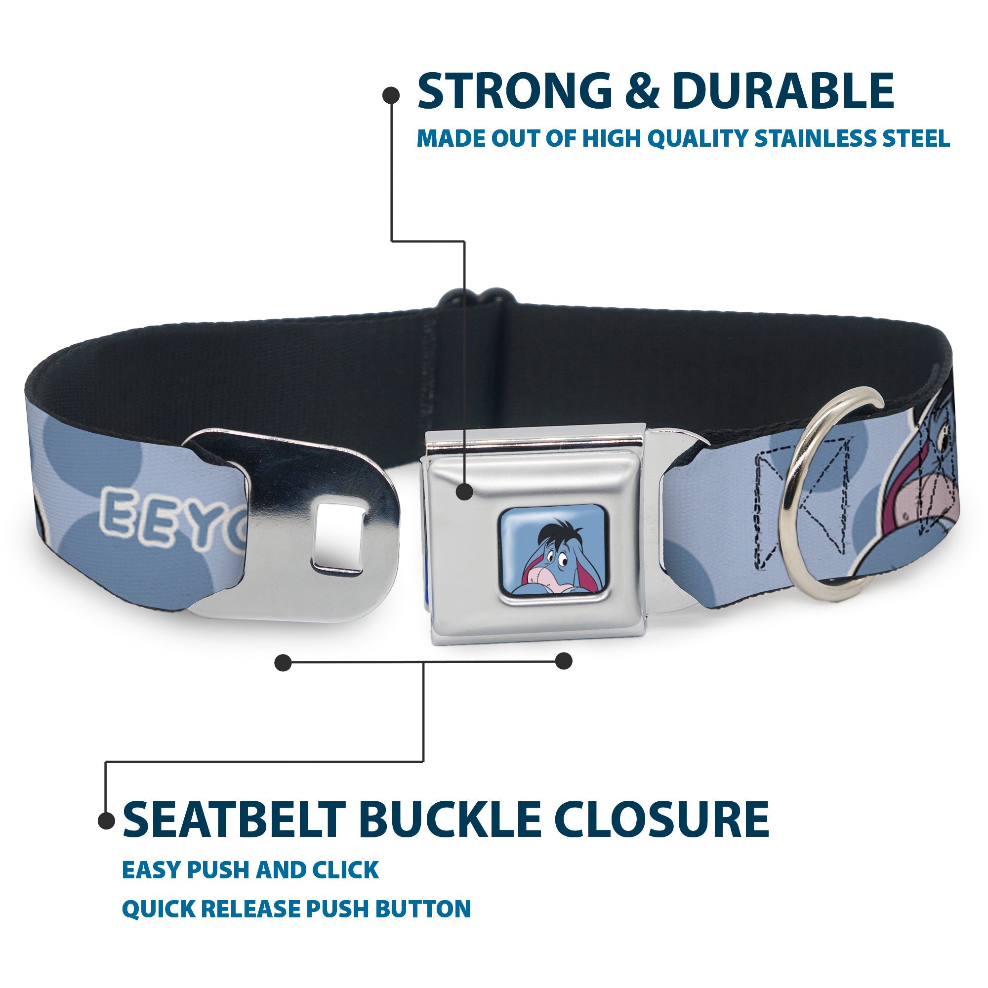 Winnie the Pooh Eeyore Expression Close-Up Blue Seatbelt Buckle Collar - Winnie the Pooh Eeyore Text and Expression Close-Up Dot Blues