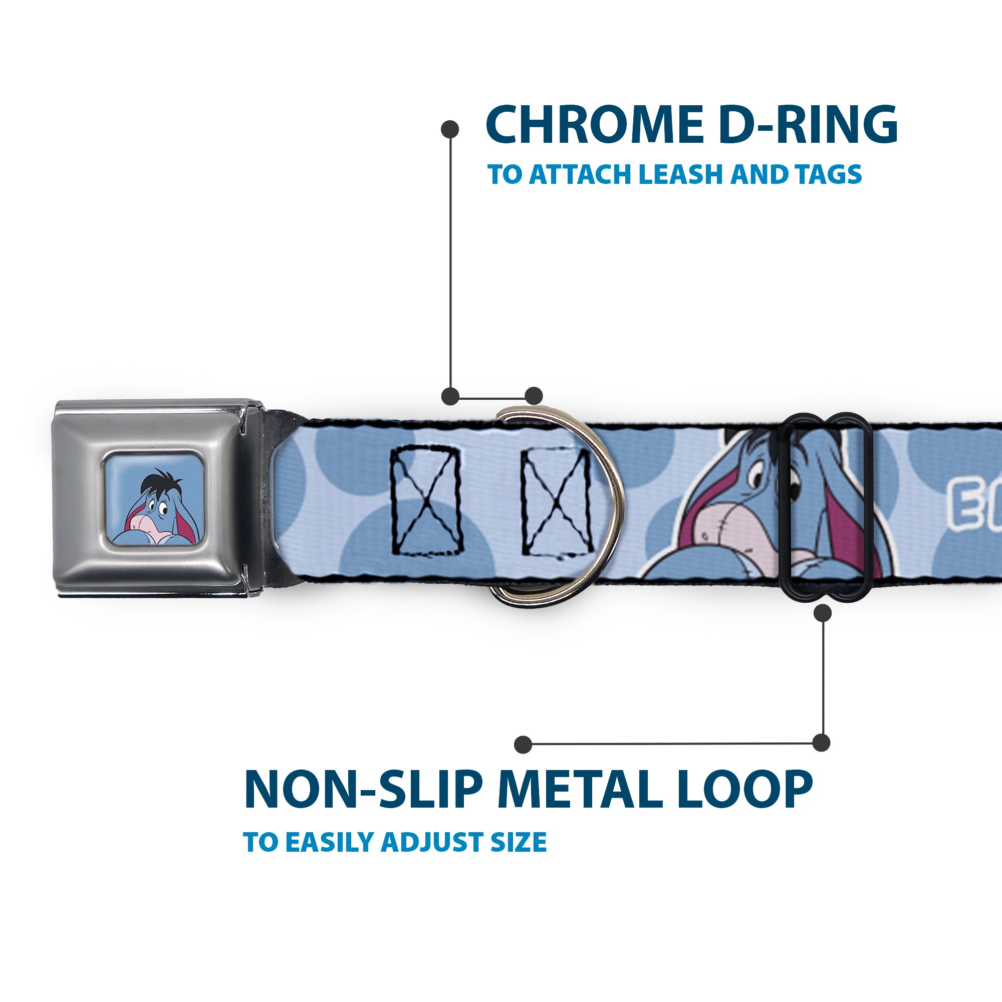 Winnie the Pooh Eeyore Expression Close-Up Blue Seatbelt Buckle Collar - Winnie the Pooh Eeyore Text and Expression Close-Up Dot Blues