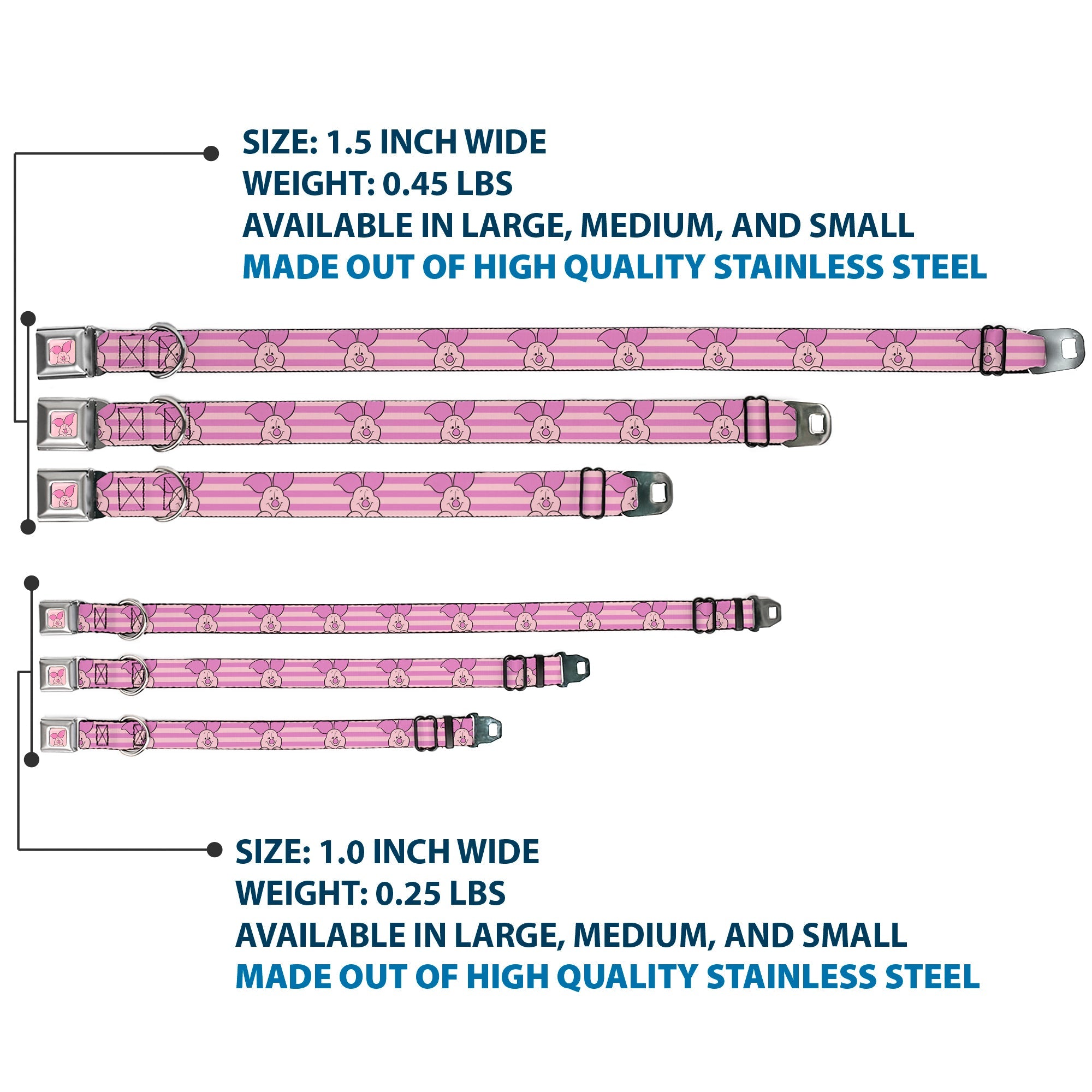 Winnie the Pooh Piglet Expression Close-Up Pink Seatbelt Buckle Collar - Winnie the Pooh Piglet Expression Close-Up Stripe Pinks