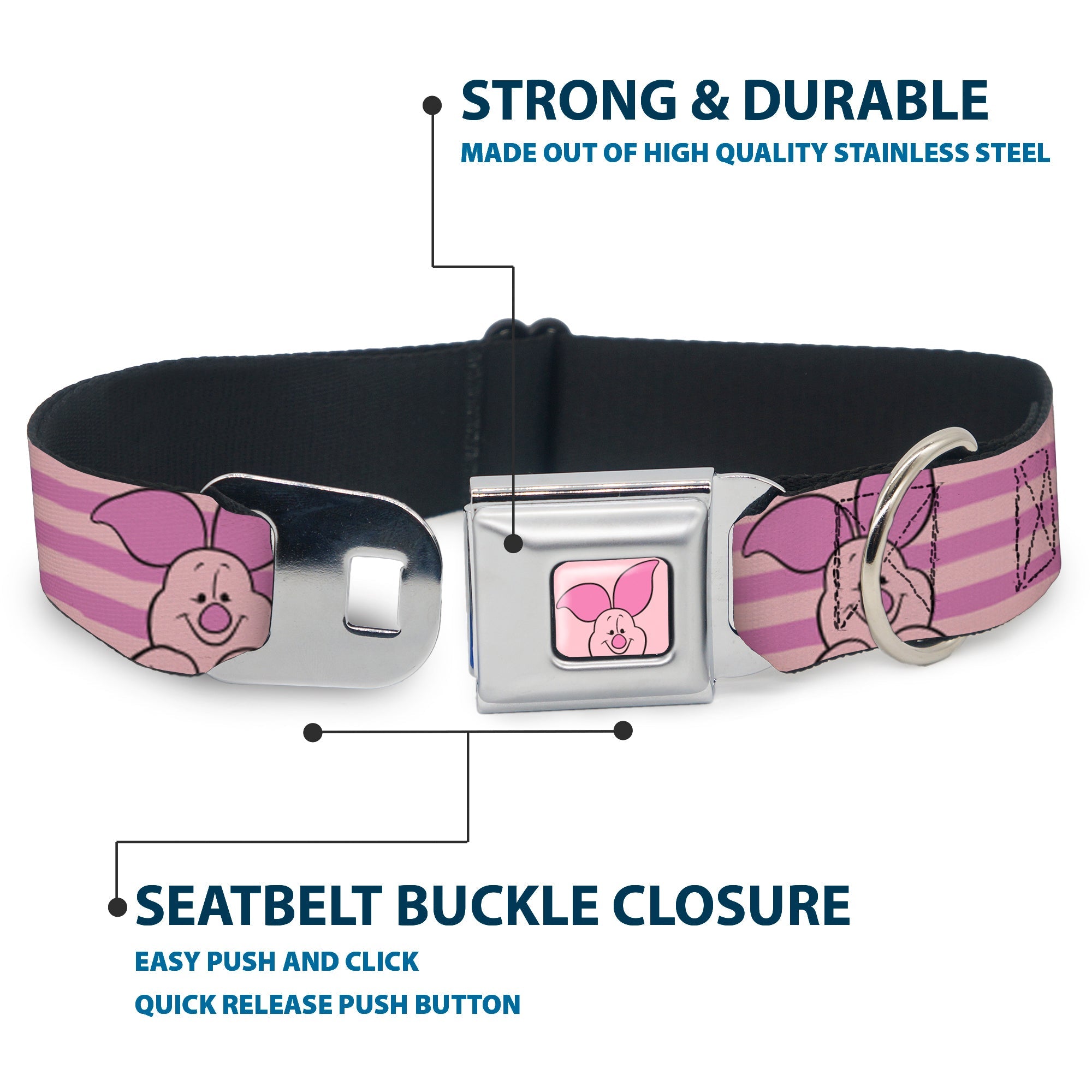 Winnie the Pooh Piglet Expression Close-Up Pink Seatbelt Buckle Collar - Winnie the Pooh Piglet Expression Close-Up Stripe Pinks