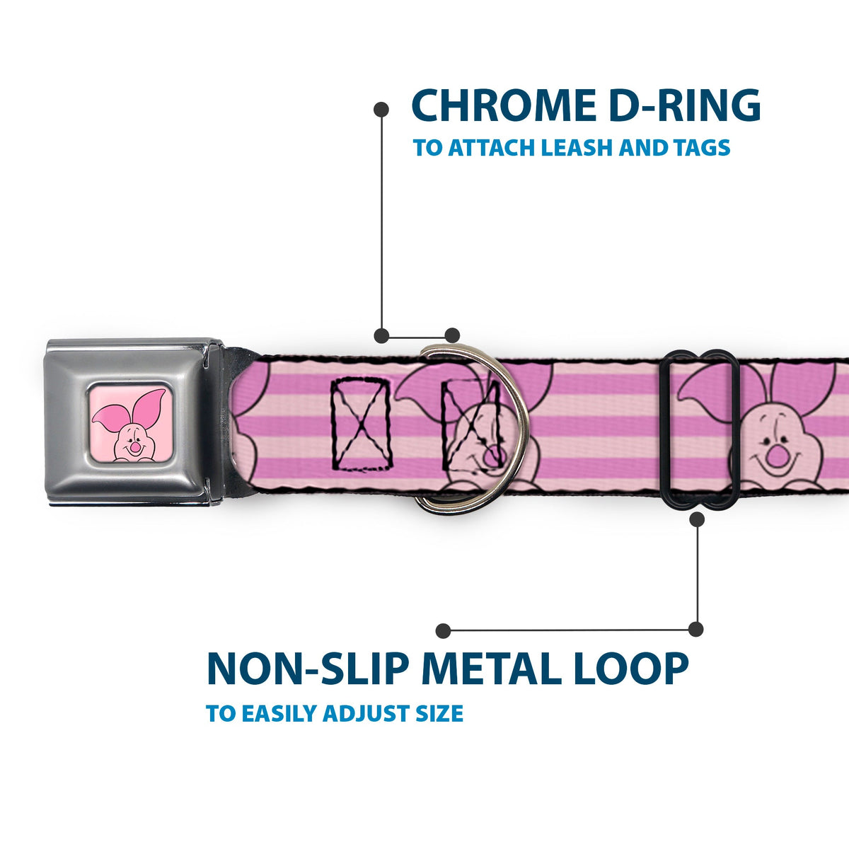 Winnie the Pooh Piglet Expression Close-Up Pink Seatbelt Buckle Collar - Winnie the Pooh Piglet Expression Close-Up Stripe Pinks