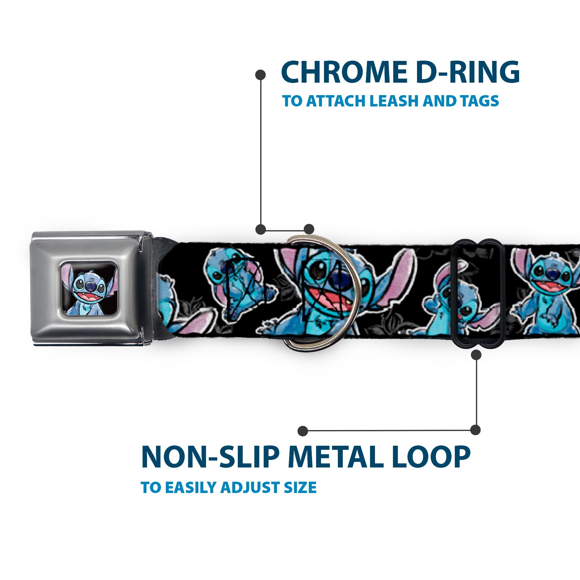 Stitch Face Sketch CLOSE-UP Full Color Black Seatbelt Buckle Collar - Stitch Poses/Hibiscus Sketch Black/Gray/Blue
