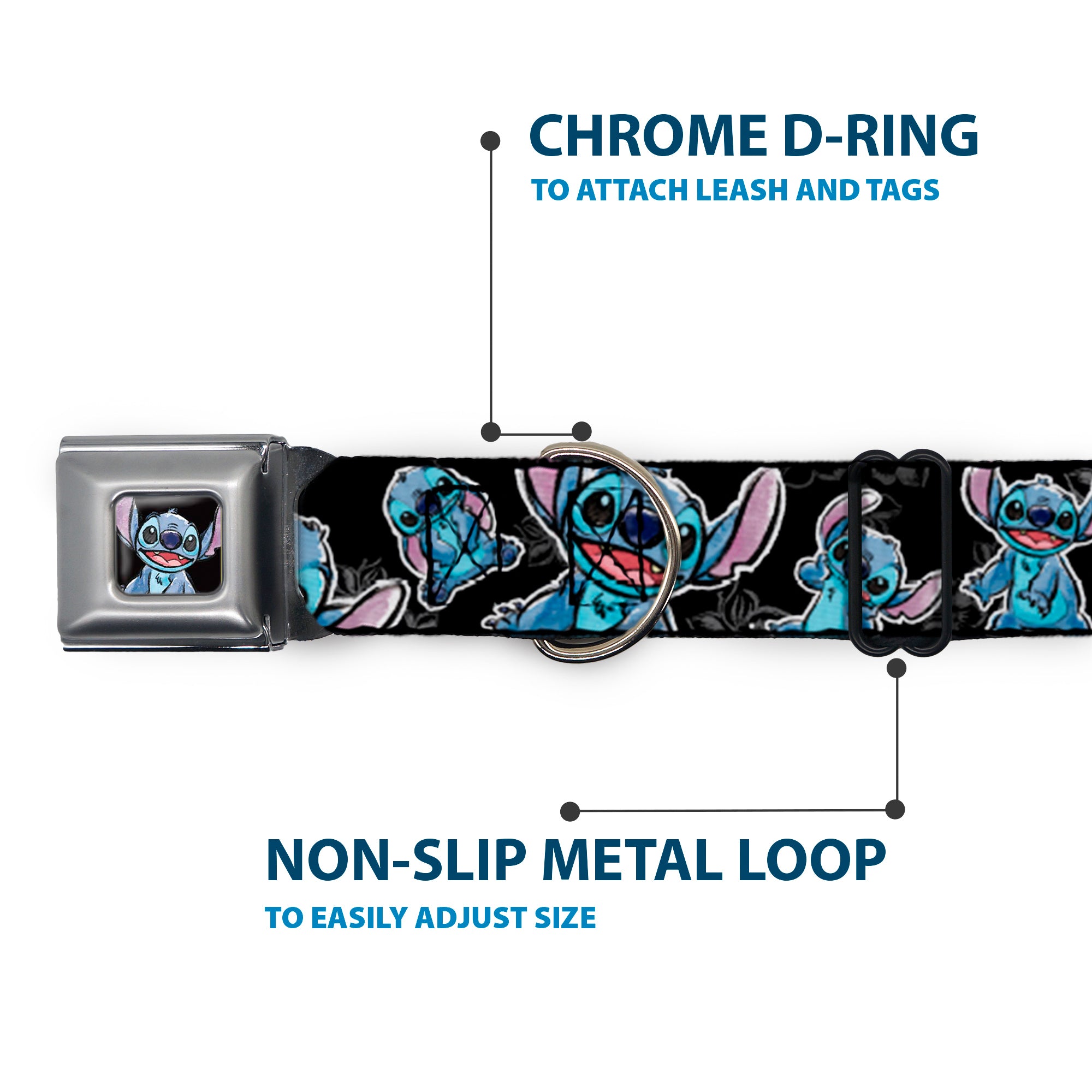 Stitch Face Sketch CLOSE-UP Full Color Black Seatbelt Buckle Collar - Stitch Poses/Hibiscus Sketch Black/Gray/Blue