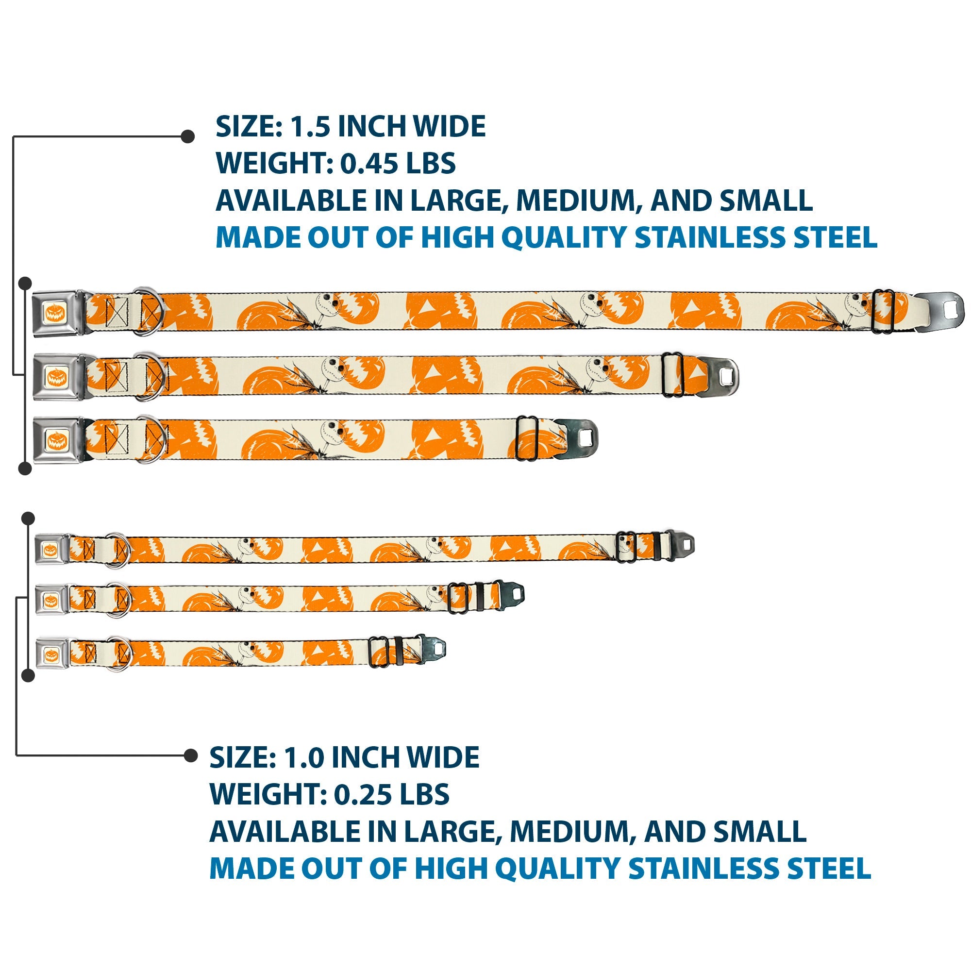 The Nightmare Before Christmas Pumpkin Ivory/Orange Seatbelt Buckle Collar - The Nightmare Before Christmas Jack Pose and Pumpkins Collage Ivory/Orange/Black