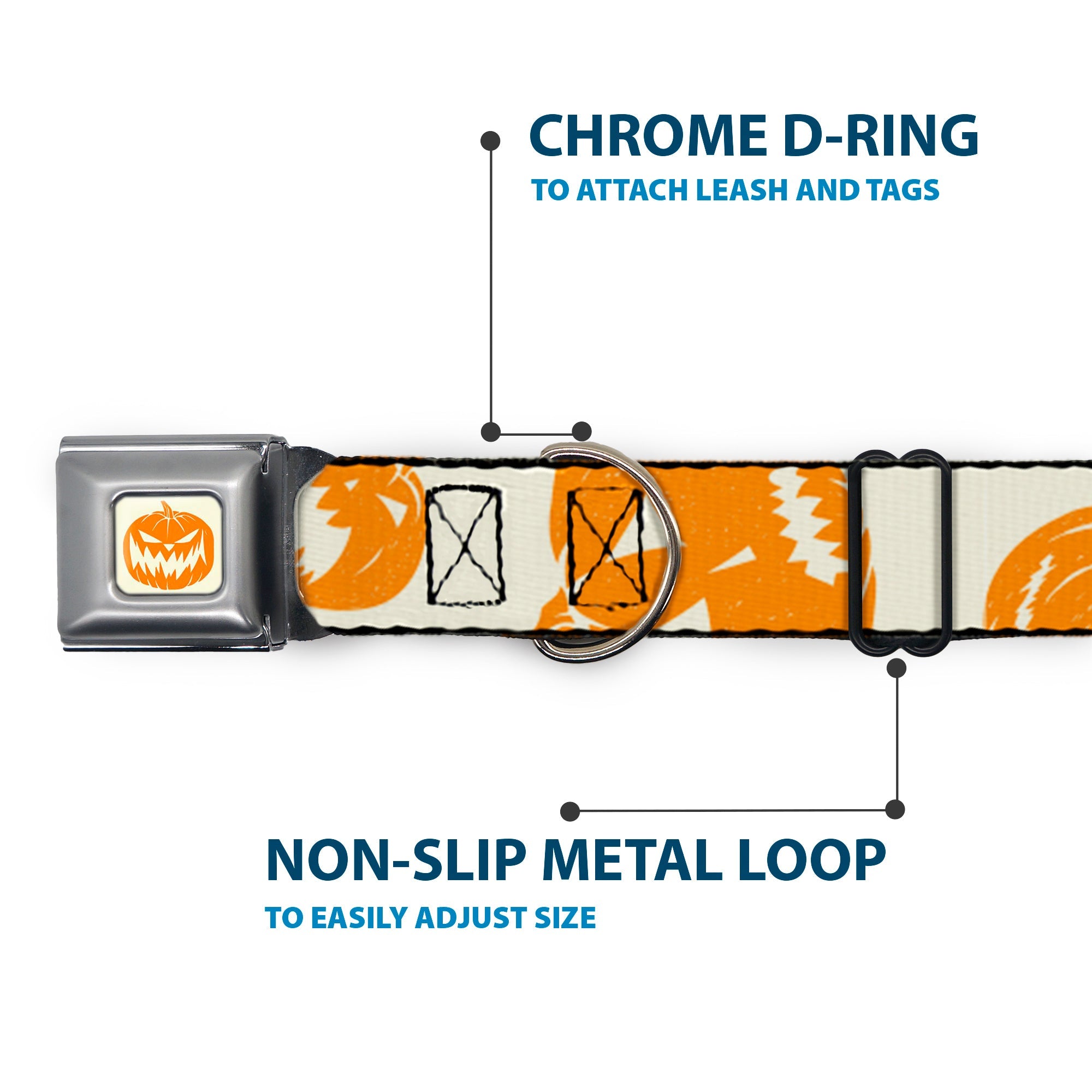 The Nightmare Before Christmas Pumpkin Ivory/Orange Seatbelt Buckle Collar - The Nightmare Before Christmas Jack Pose and Pumpkins Collage Ivory/Orange/Black