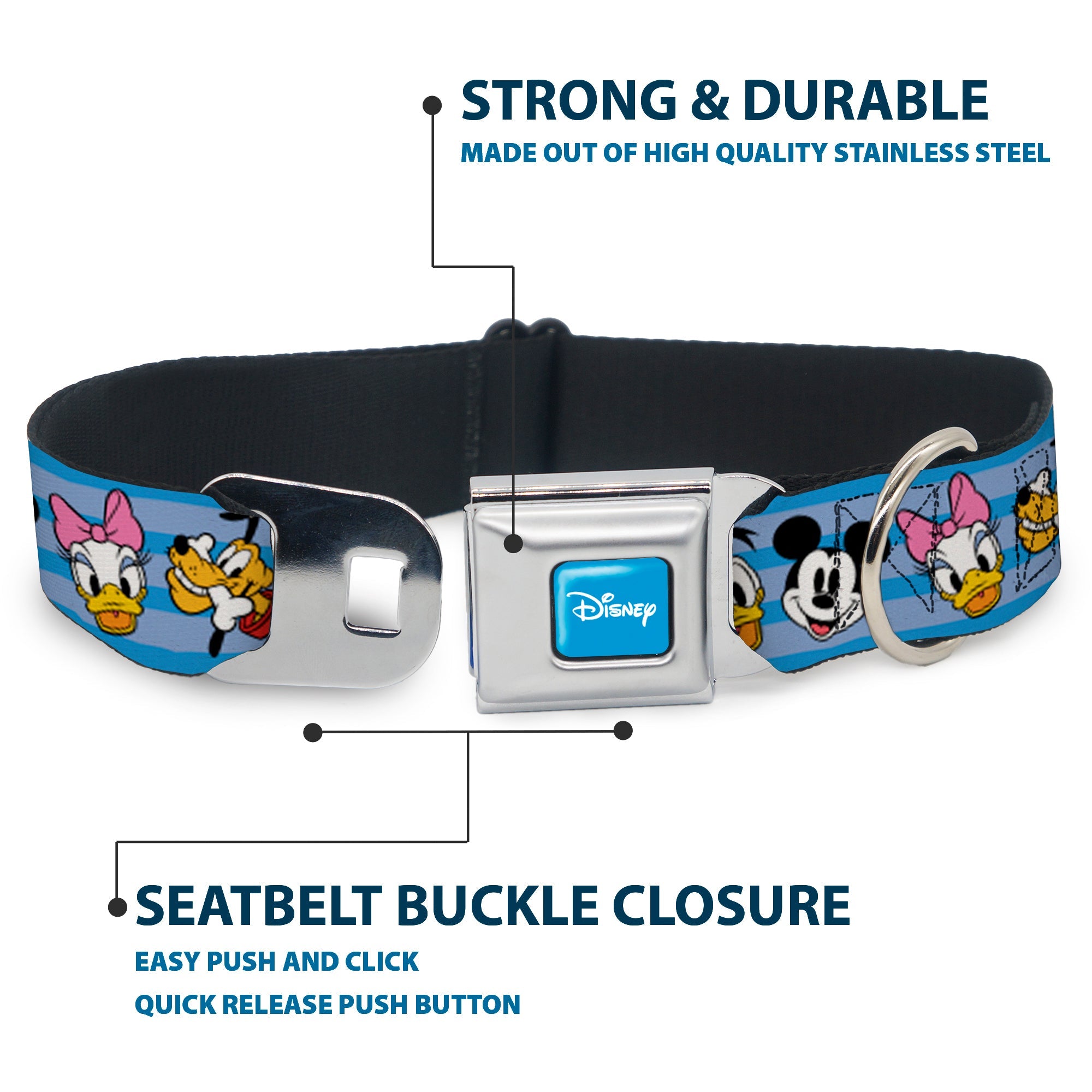 DISNEY Signature Full Color Blue/White Seatbelt Buckle Collar - Disney The Sensational Six Smiling Faces Stripe Blues