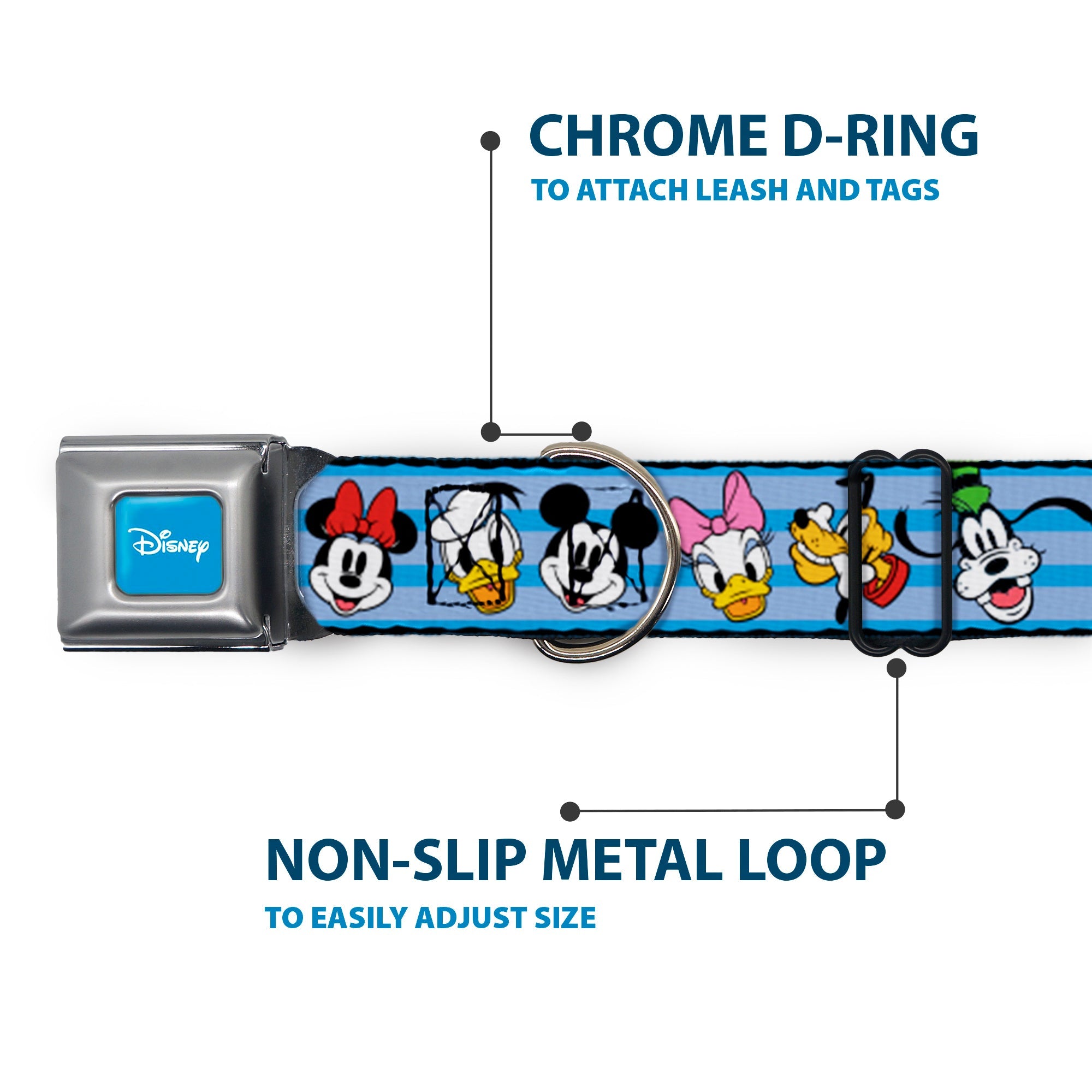 DISNEY Signature Full Color Blue/White Seatbelt Buckle Collar - Disney The Sensational Six Smiling Faces Stripe Blues