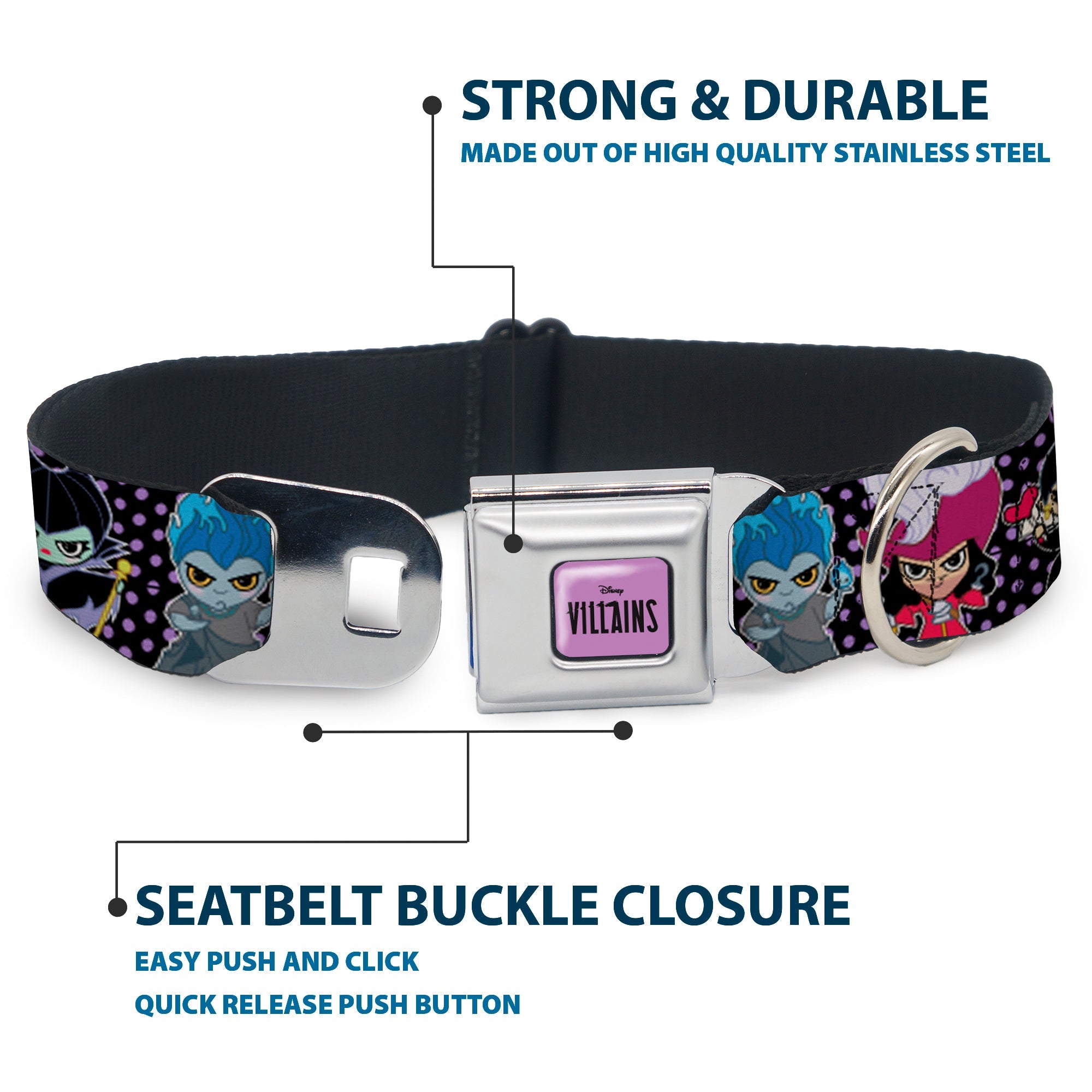 DISNEY VILLAINS Text Full Color Lavender/Black Seatbelt Buckle Collar - Disney 11-Sweet Chibi Villain Poses Polka Dot Black/Lavender