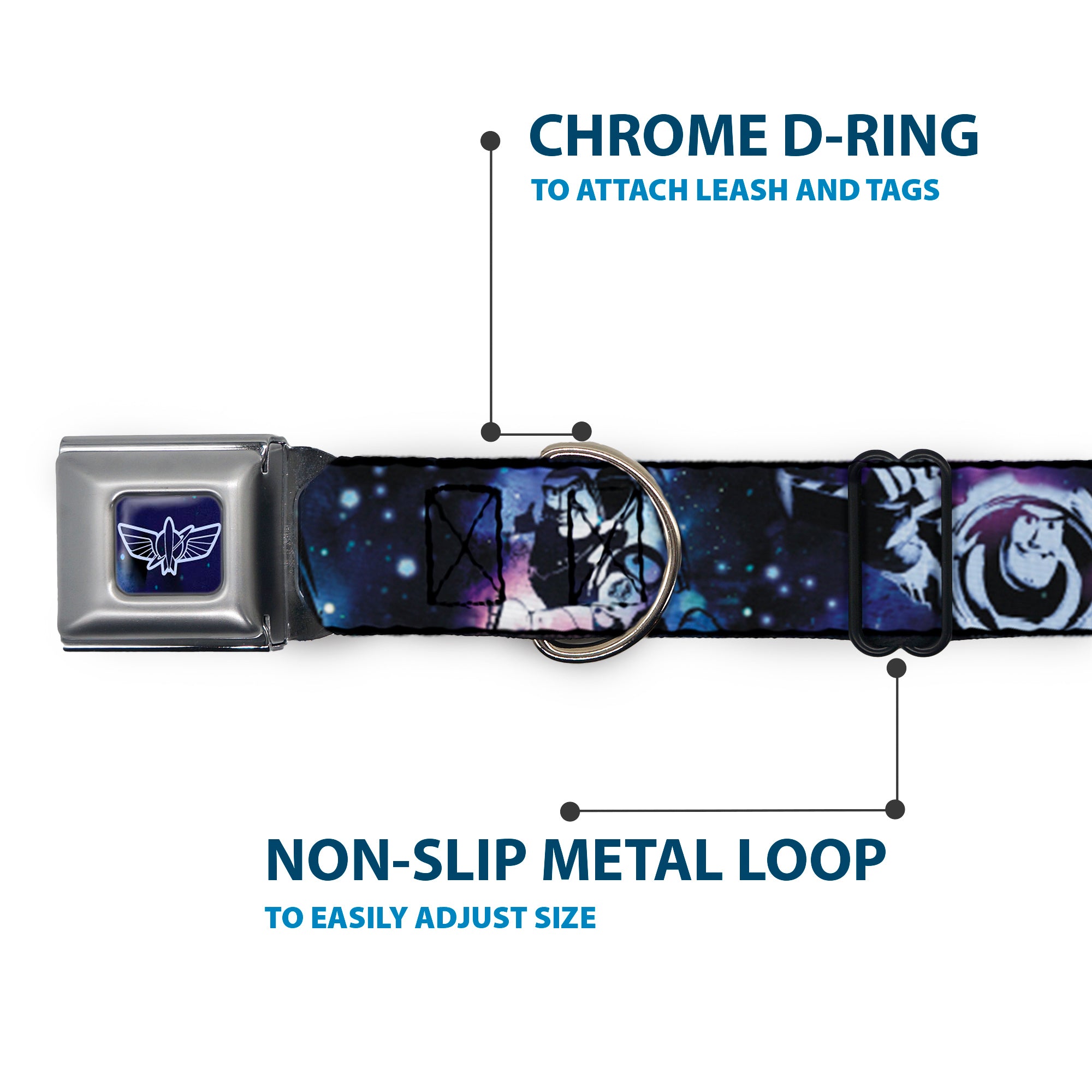 Space Ranger Logo Outline Full Color Blue/White Seatbelt Buckle Collar - Buzz Lightyear Poses Galaxy Blues