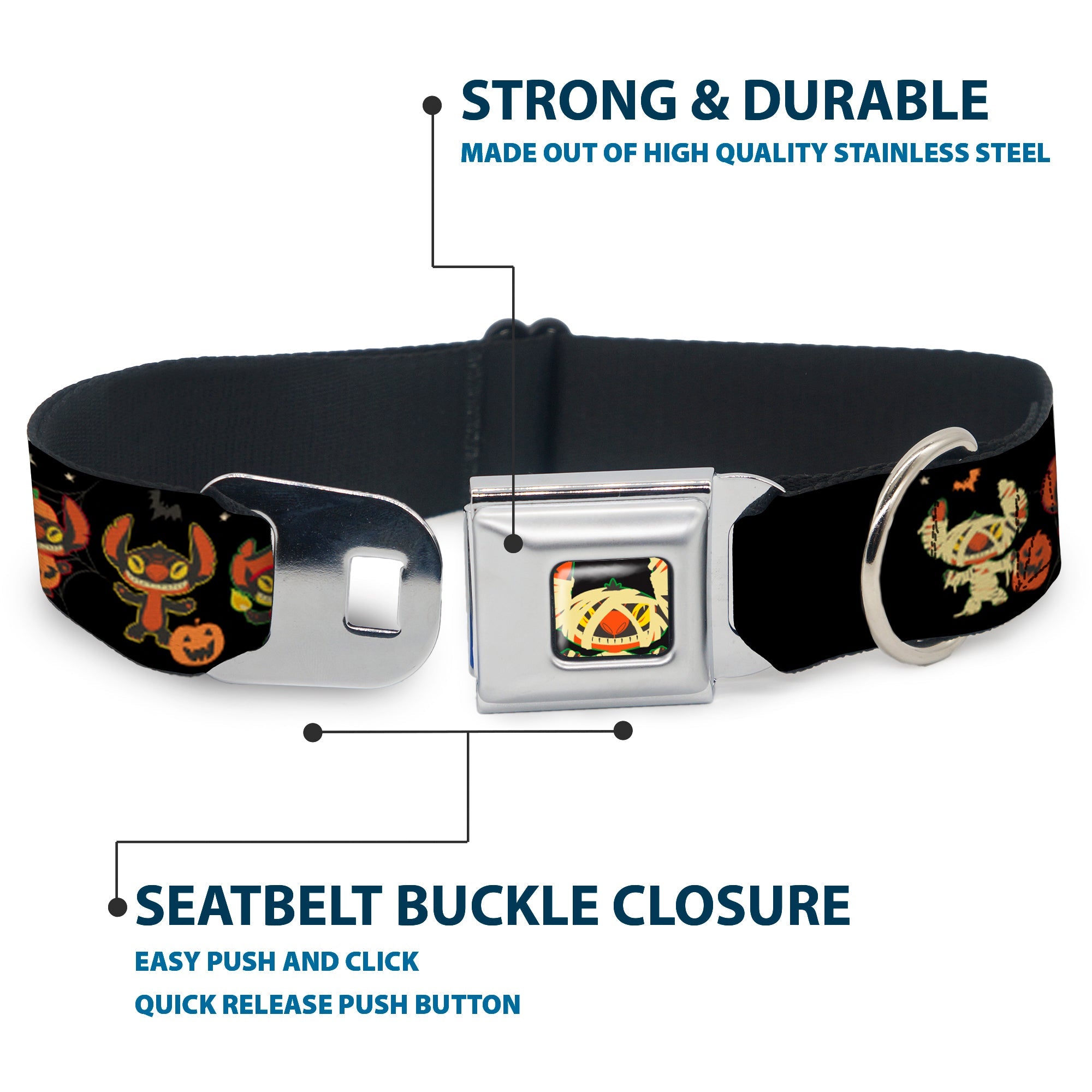 Lilo and Stitch Holiday Halloween Stitch Mummy Face Full Color Black Seatbelt Buckle Collar - Lilo and Stitch Halloween Stitch Dress Up Poses Black