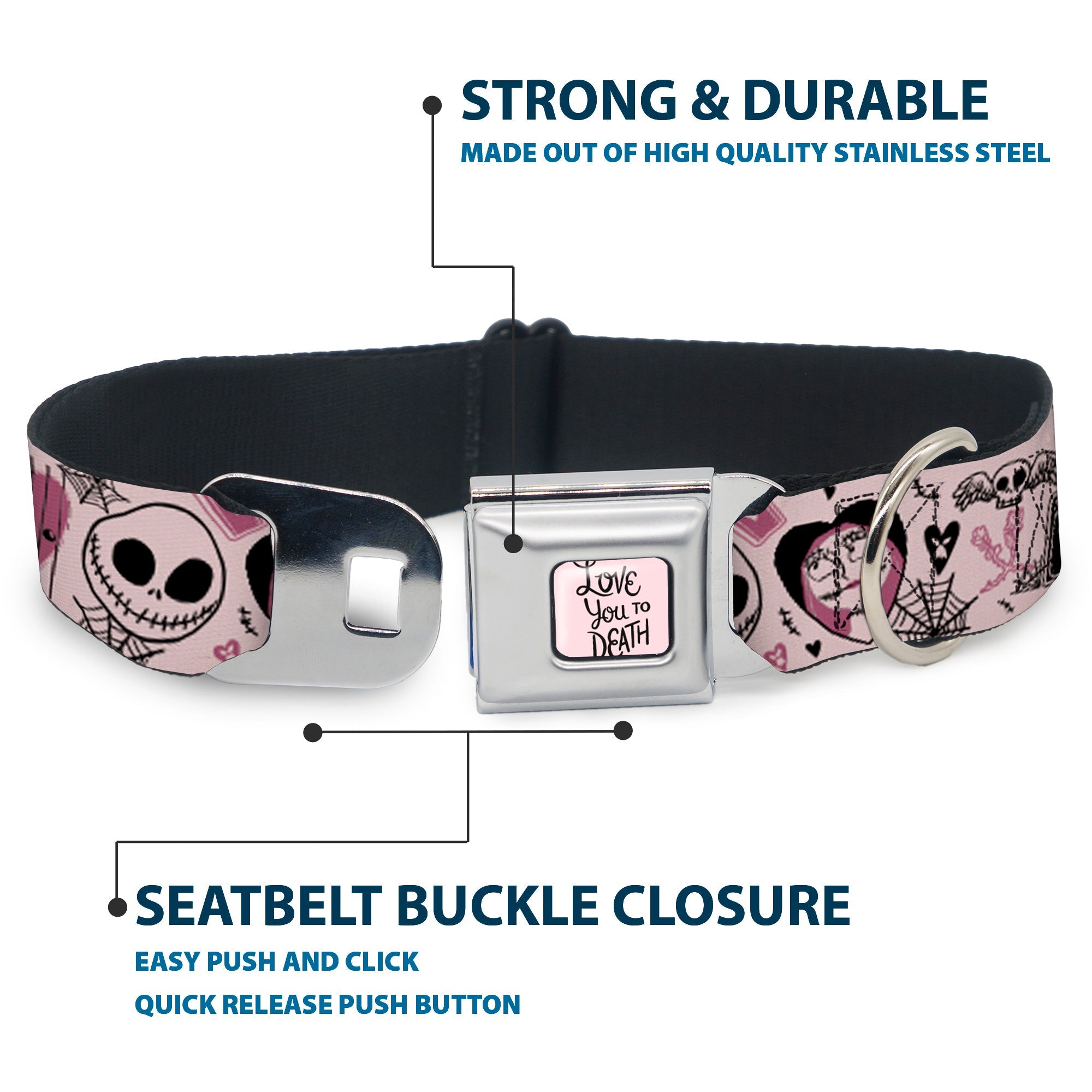 The Nightmare Before Christmas LOVE YOU TO DEATH Full Color Pink/Black Seatbelt Buckle Collar - The Nightmare Before Christmas Jack and Sally Doodles Pinks/Black
