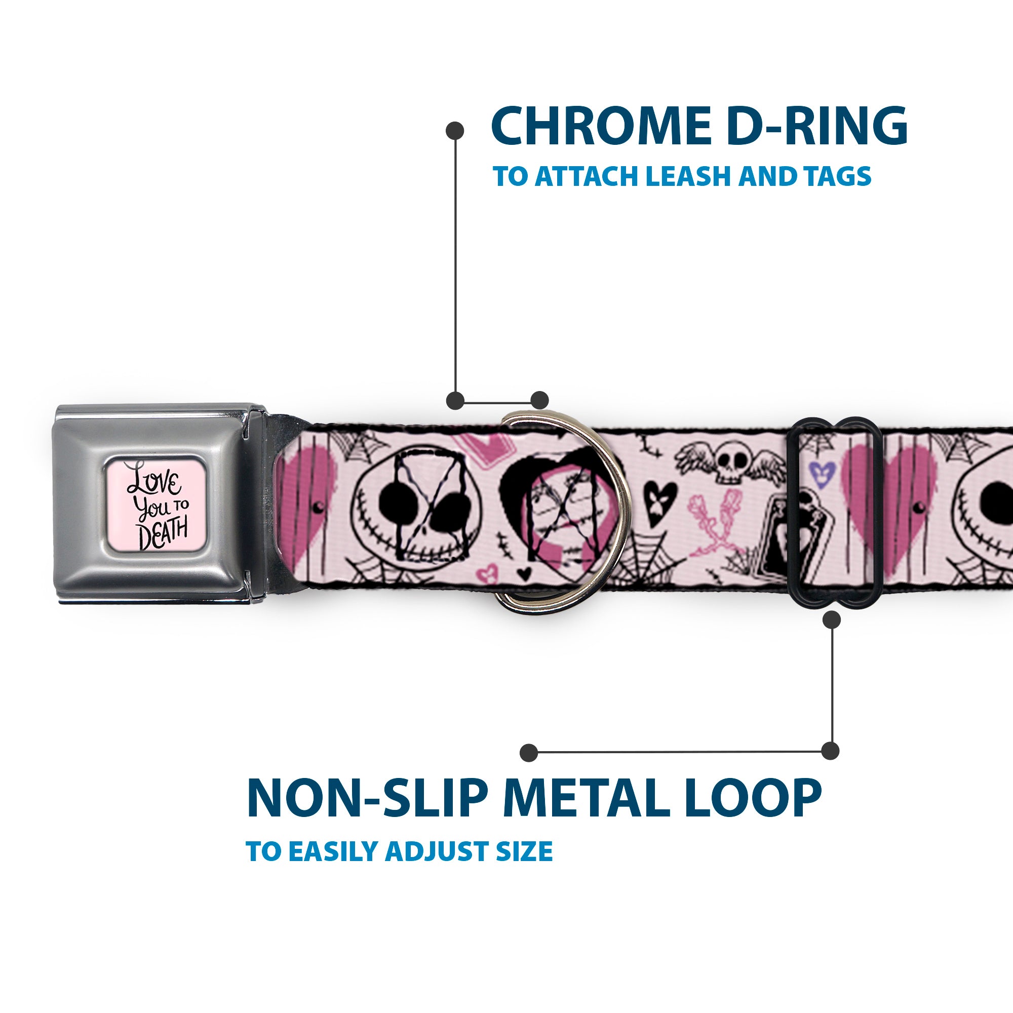 The Nightmare Before Christmas LOVE YOU TO DEATH Full Color Pink/Black Seatbelt Buckle Collar - The Nightmare Before Christmas Jack and Sally Doodles Pinks/Black