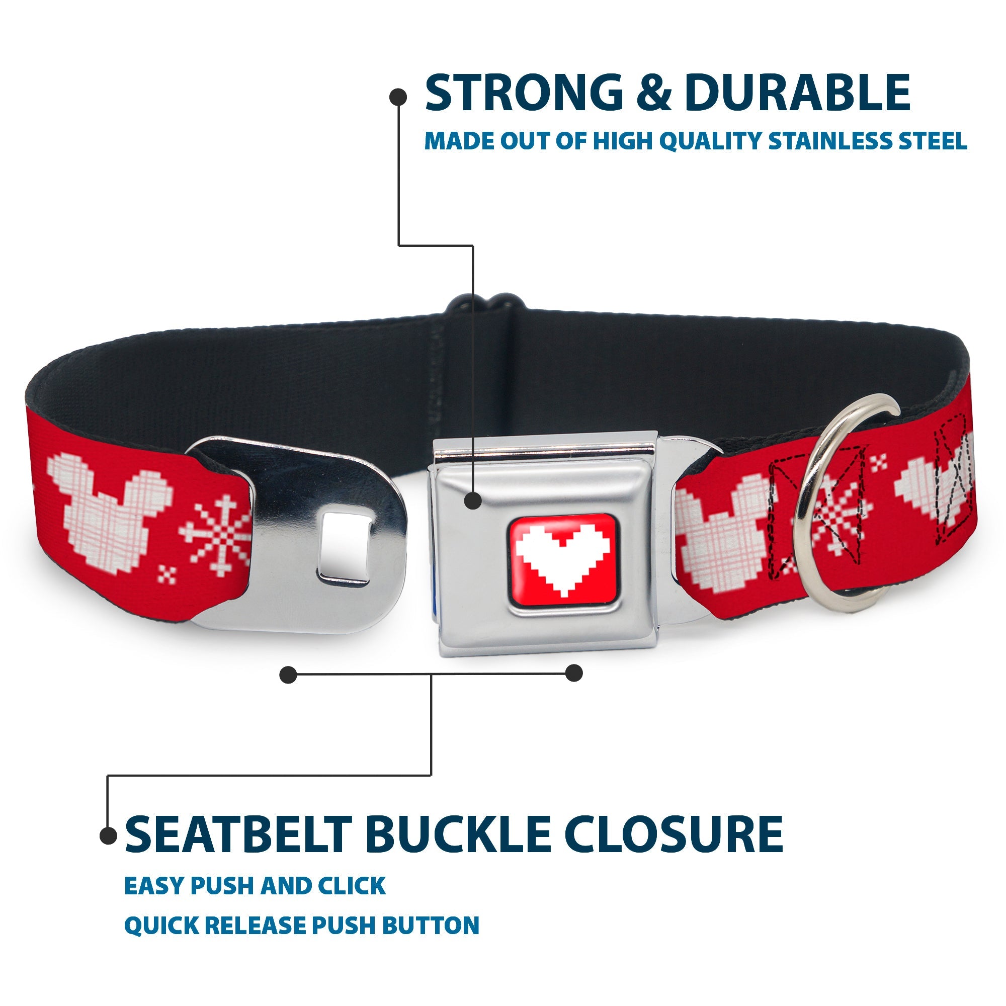Disney Holiday Mickey Mouse Heart Sweater Stitch Full Color Red/White Seatbelt Buckle Collar - Disney Holiday Mickey Mouse Heart Sweater Stitch Red/White